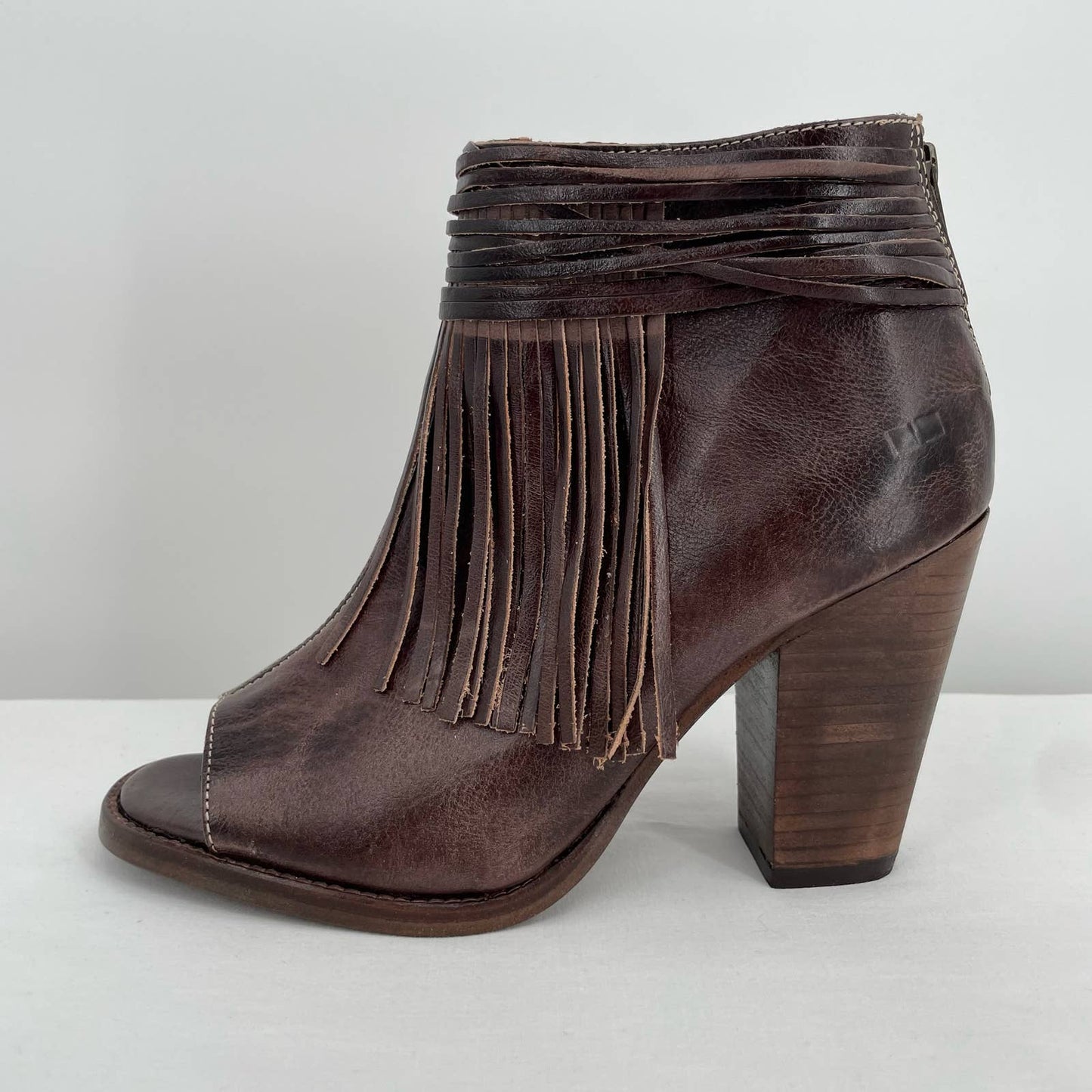 BED|STU Olivia Brown Rustic Fringe Peep Toe Ankle Booties Western Boho Size 9.5