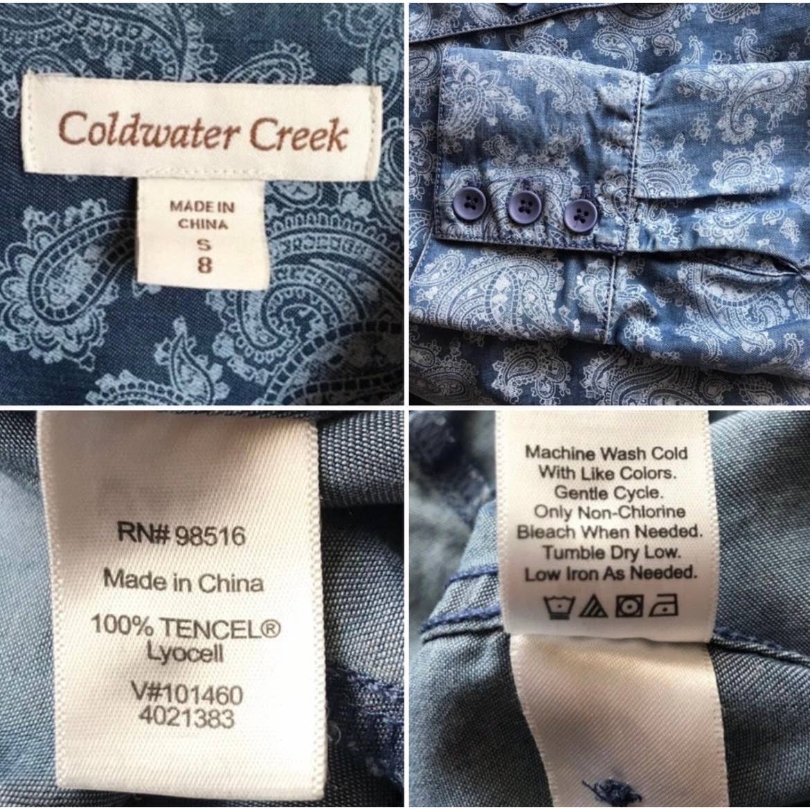 Coldwater Creek Button Up Top Blouse Paisley Light Blue Western Chambray Style Size 8