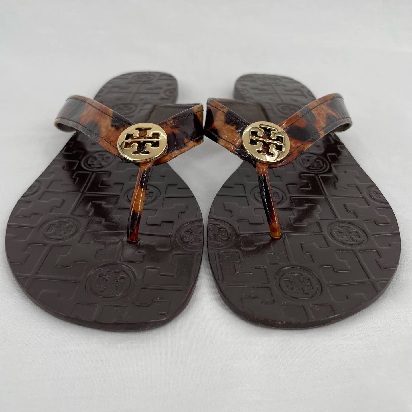 Tory Burch Thora Leopard Patent Brown Summer Thong Sandals Logo Animal Print Size 8