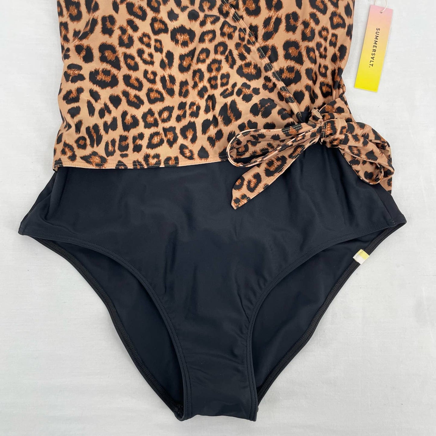 NEW Summersalt Perfect Wrap Leopard Print One Piece Swimsuit Black Tie Front Size 8