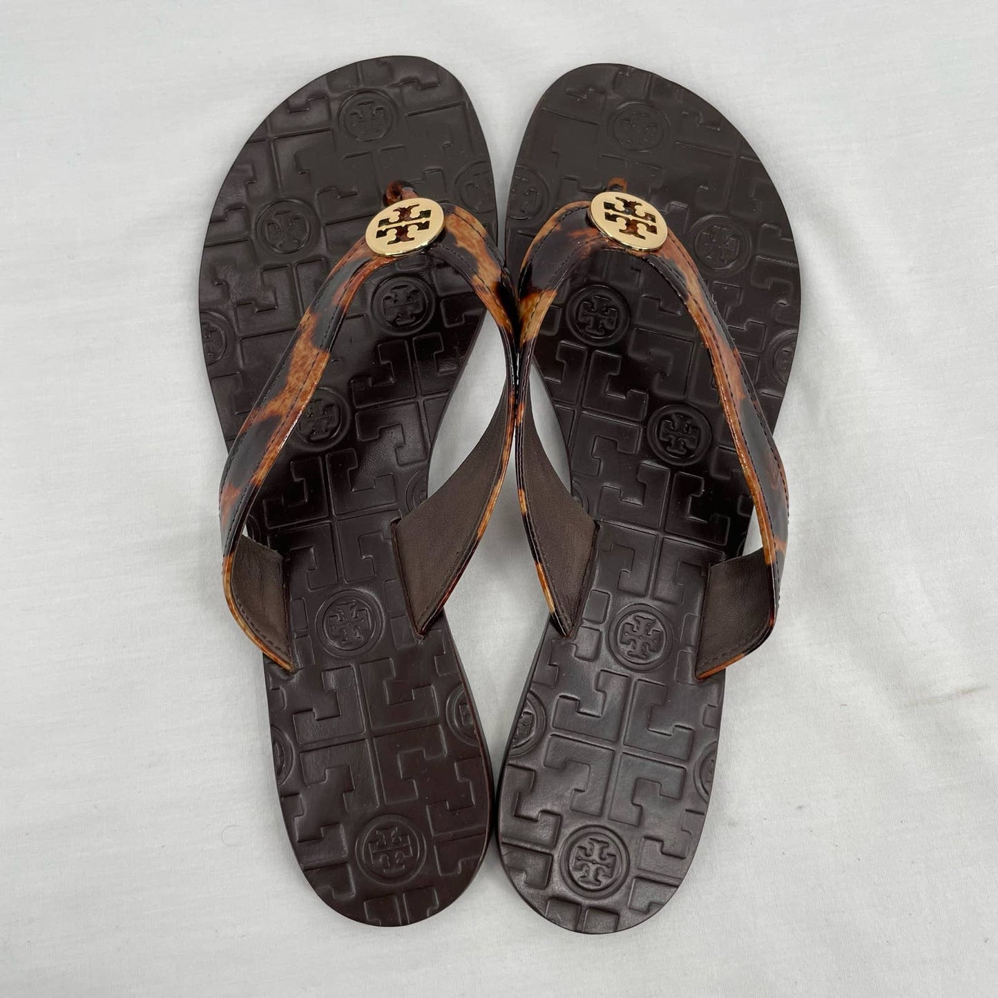 Tory Burch Thora Leopard Patent Brown Summer Thong Sandals Logo Animal Print Size 8
