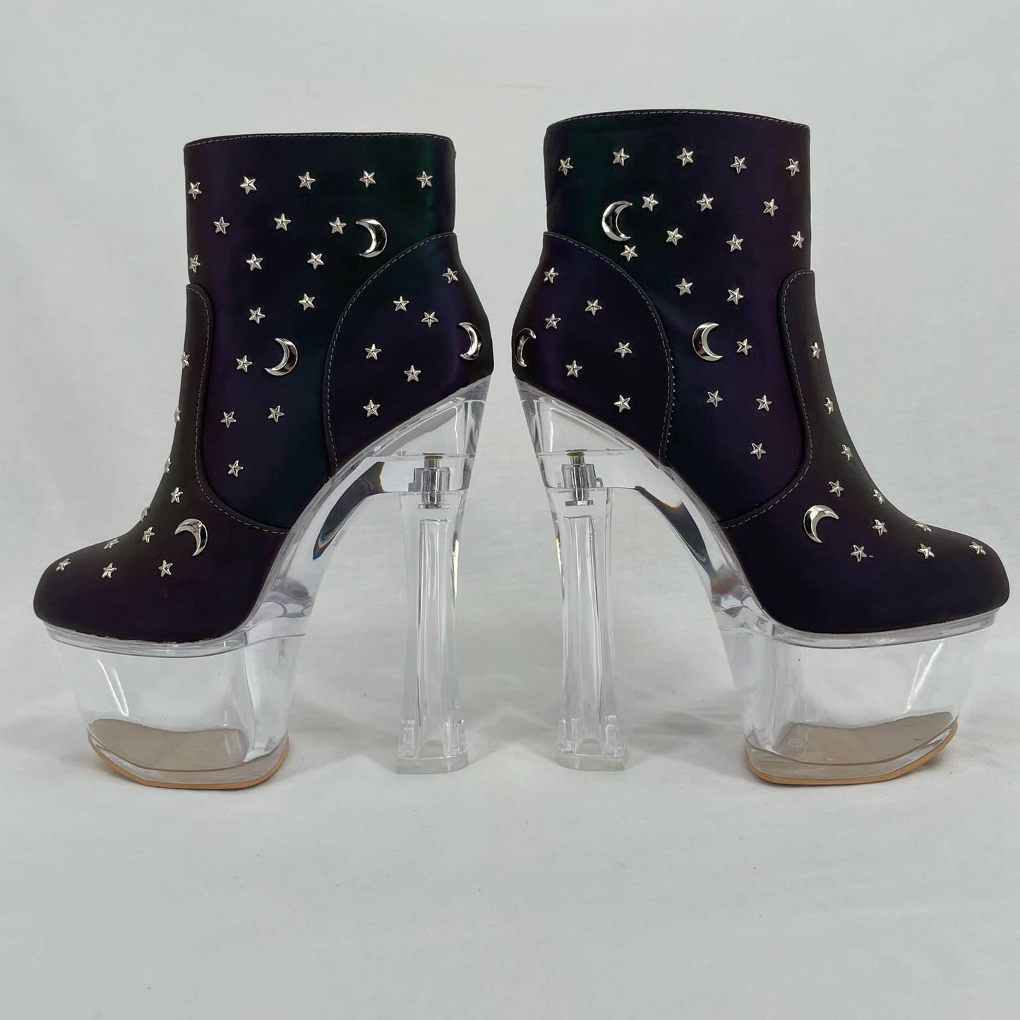 Exotic Cosmic Reflective Heels Celestial Moon Stars Clear Platform Dancer Boots Size 7