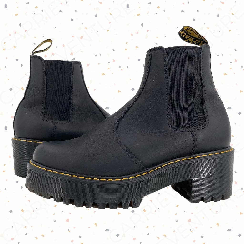 Dr. Martens Rometty Black Leather Platform Heeled Chelsea Ankle Boot Grunge Docs Size 8