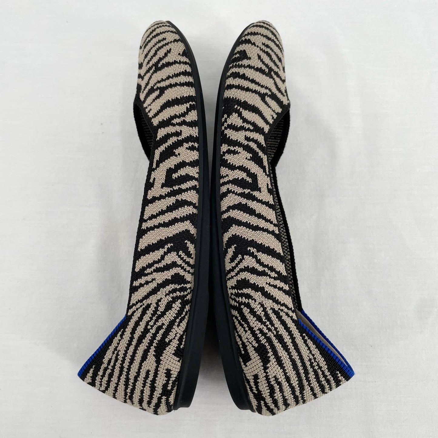 Rothy’s The Flat in Black Zebra Neutral Tapue Tan Printed Sustainable Flats Size 6.5