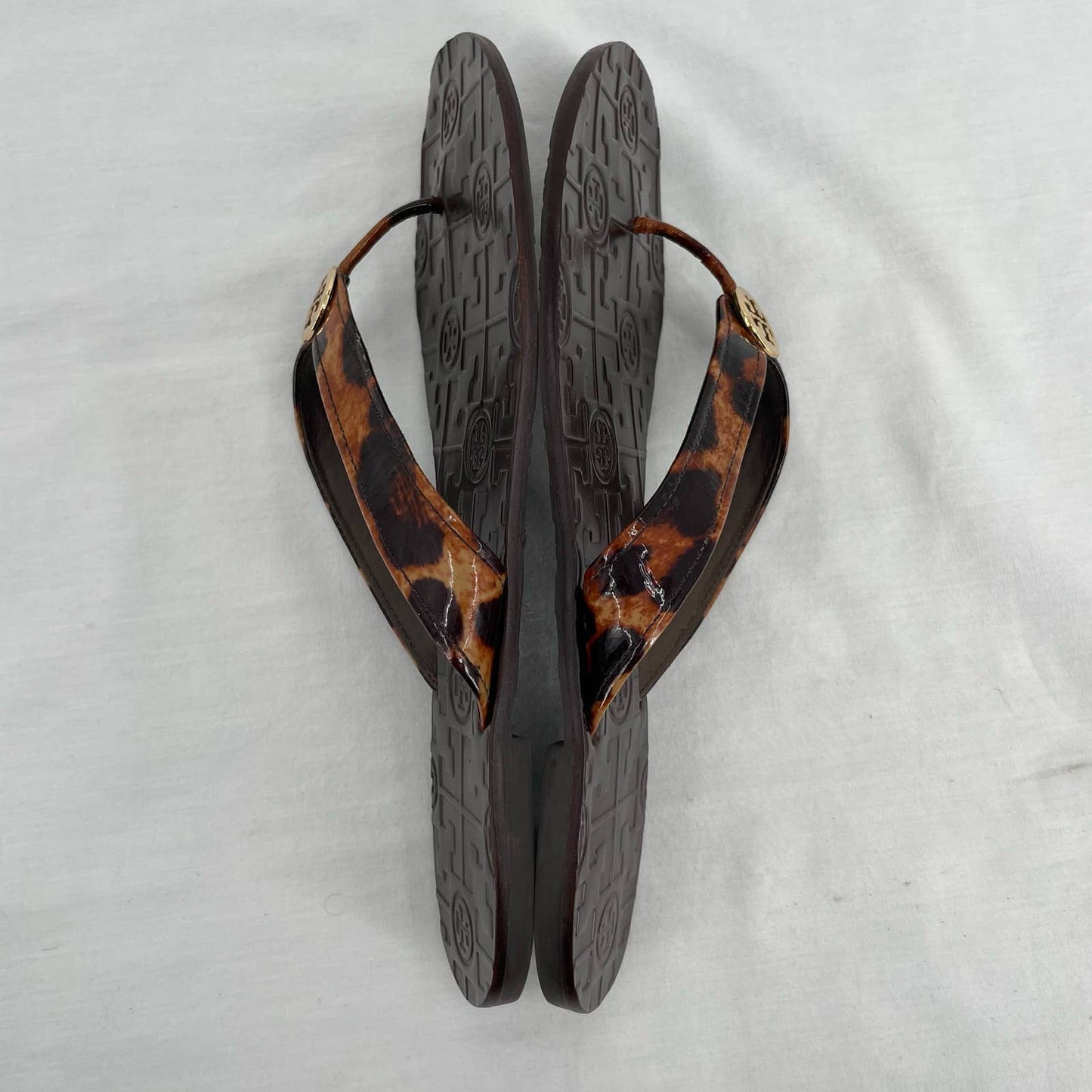 Tory Burch Thora Leopard Patent Brown Summer Thong Sandals Logo Animal Print Size 8