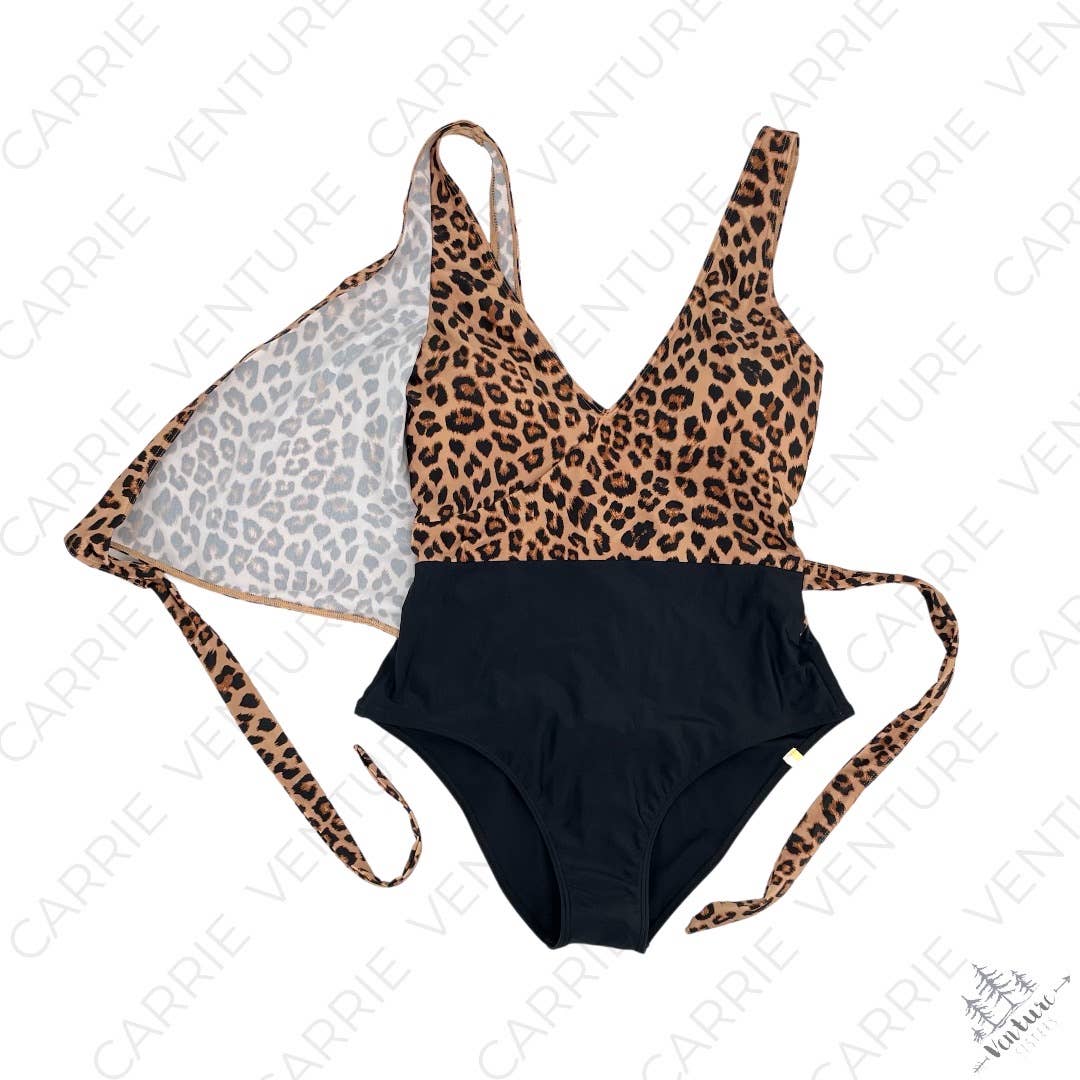NEW Summersalt Perfect Wrap Leopard Print One Piece Swimsuit Black Tie Front Size 8