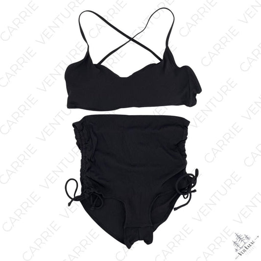 Summersalt Maternity Solid Black Ribbed Bikini Set Cinched High Rise Bottoms Size 4