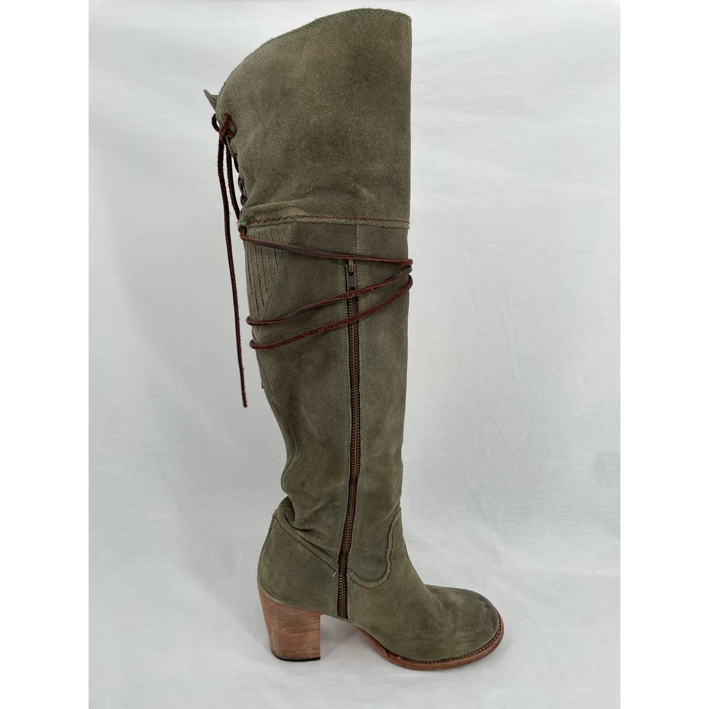 Freebird by Steven Brock Olive Green Suede Tall Leather OTK Heeled Lace Boots Size 10