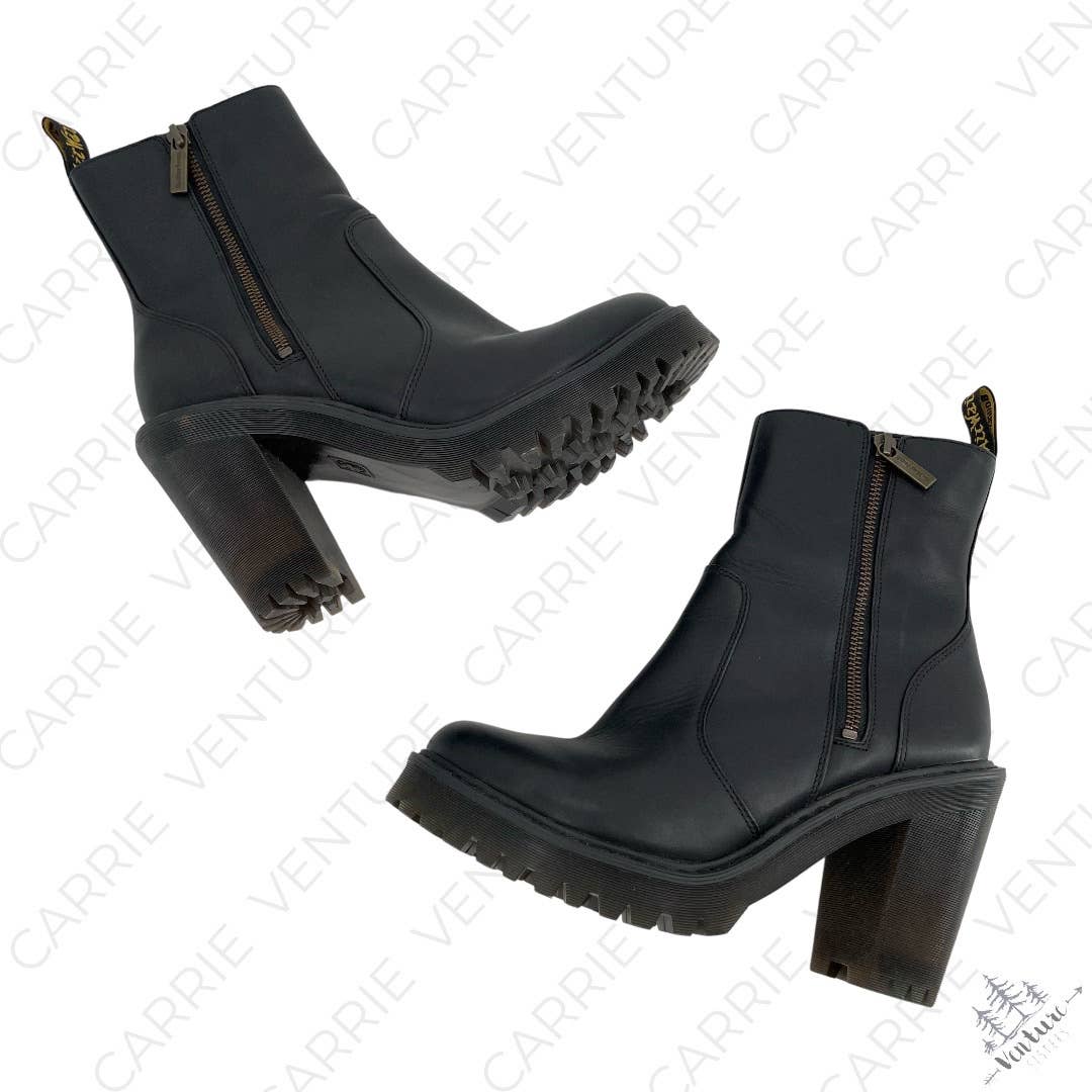 Dr. Martens Magdalena II Black Heeled Boots Zippers Lug Sole Chunky Heel Size 9