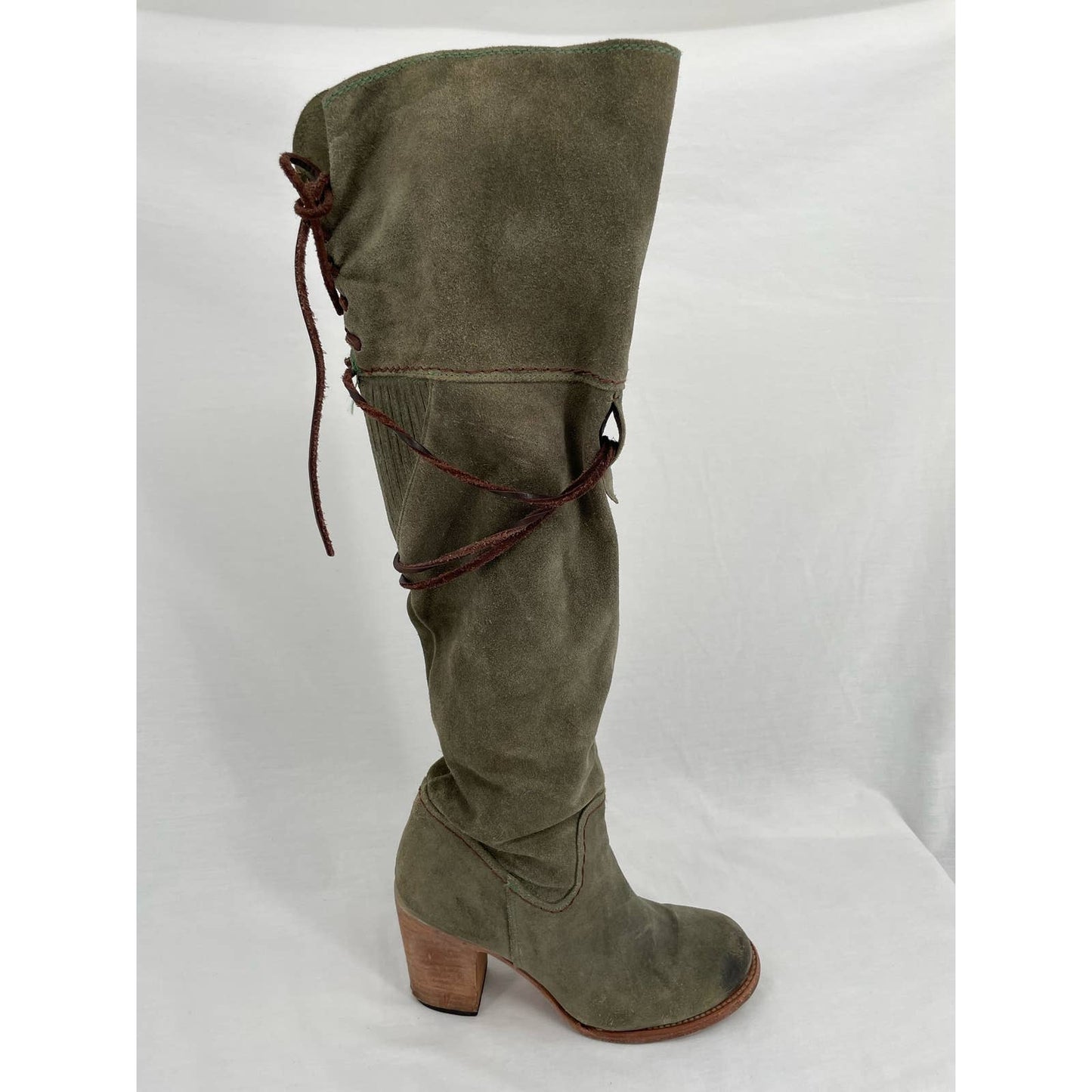 Freebird by Steven Brock Olive Green Suede Tall Leather OTK Heeled Lace Boots Size 10
