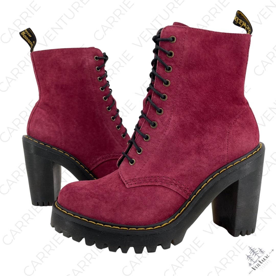 Dr. Martens Kendra Red Suede High Heels Leather Lace Up Witchy Heeled Boots Size 6