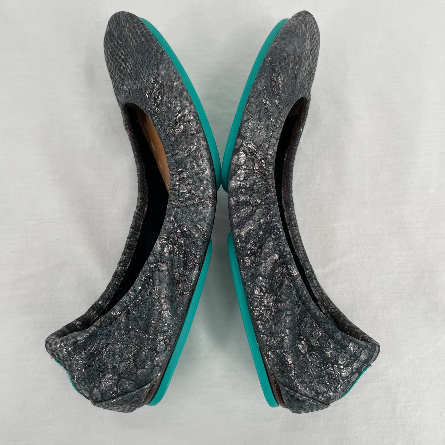 Tieks Drago Black Leather Ballet Flats Snakeskin Dragon Shiny Metallic Foil Shoe Size 6