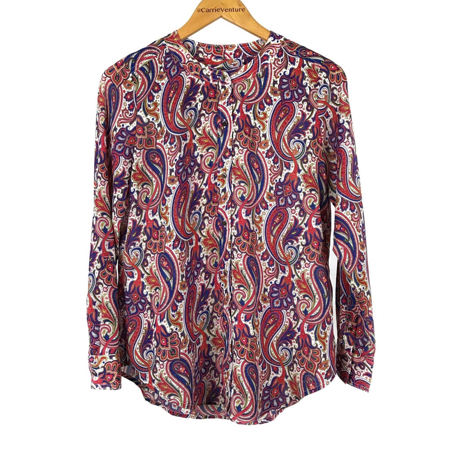 Liz Claiborne Paisley Floral Print Adjustable Roll Sleeve Jewel Tone Blouse Size S