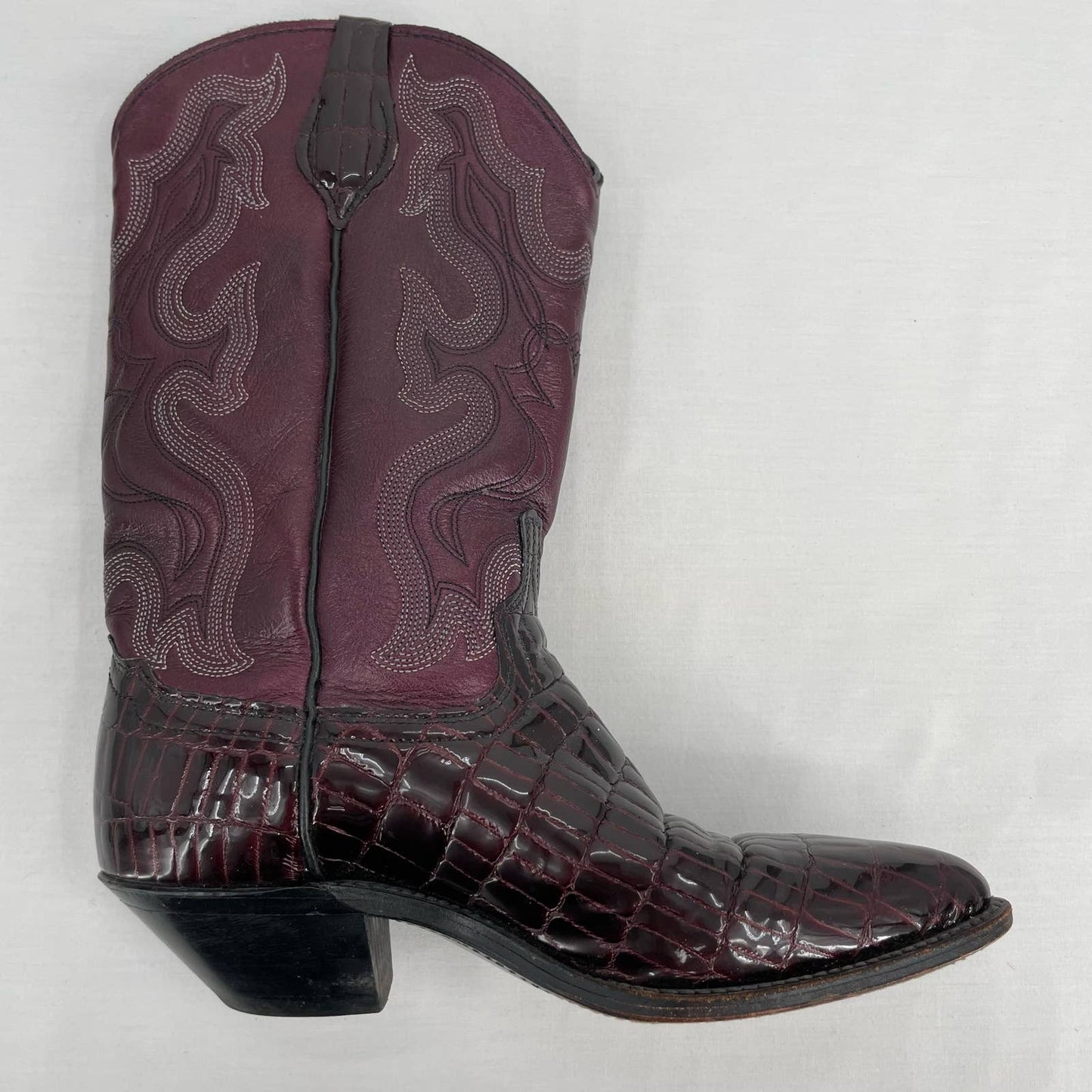 Vintage Purple Leather Cowboy Western Boots Croc Pointed Toe Metallic Pearl Size 7
