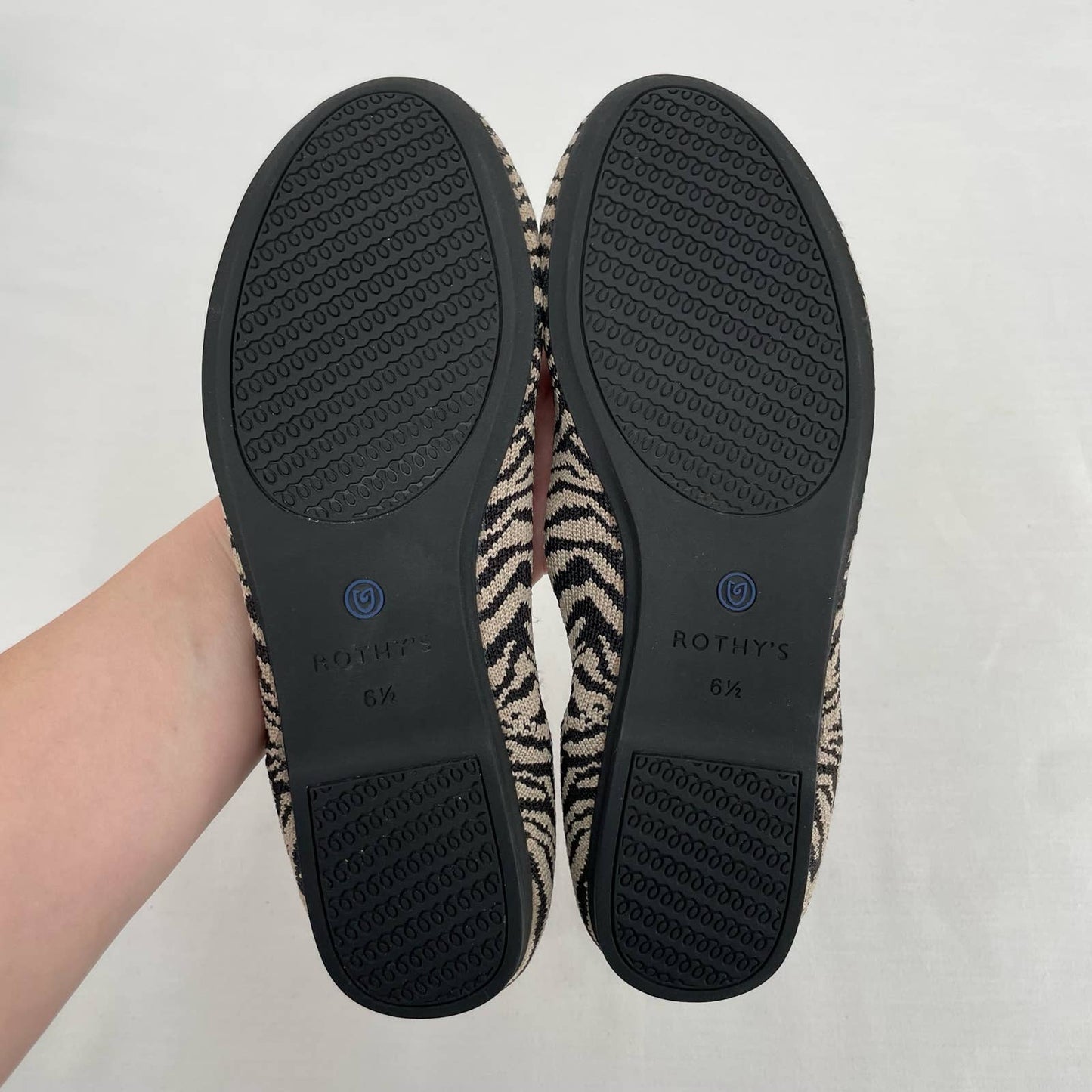 Rothy’s The Flat in Black Zebra Neutral Tapue Tan Printed Sustainable Flats Size 6.5