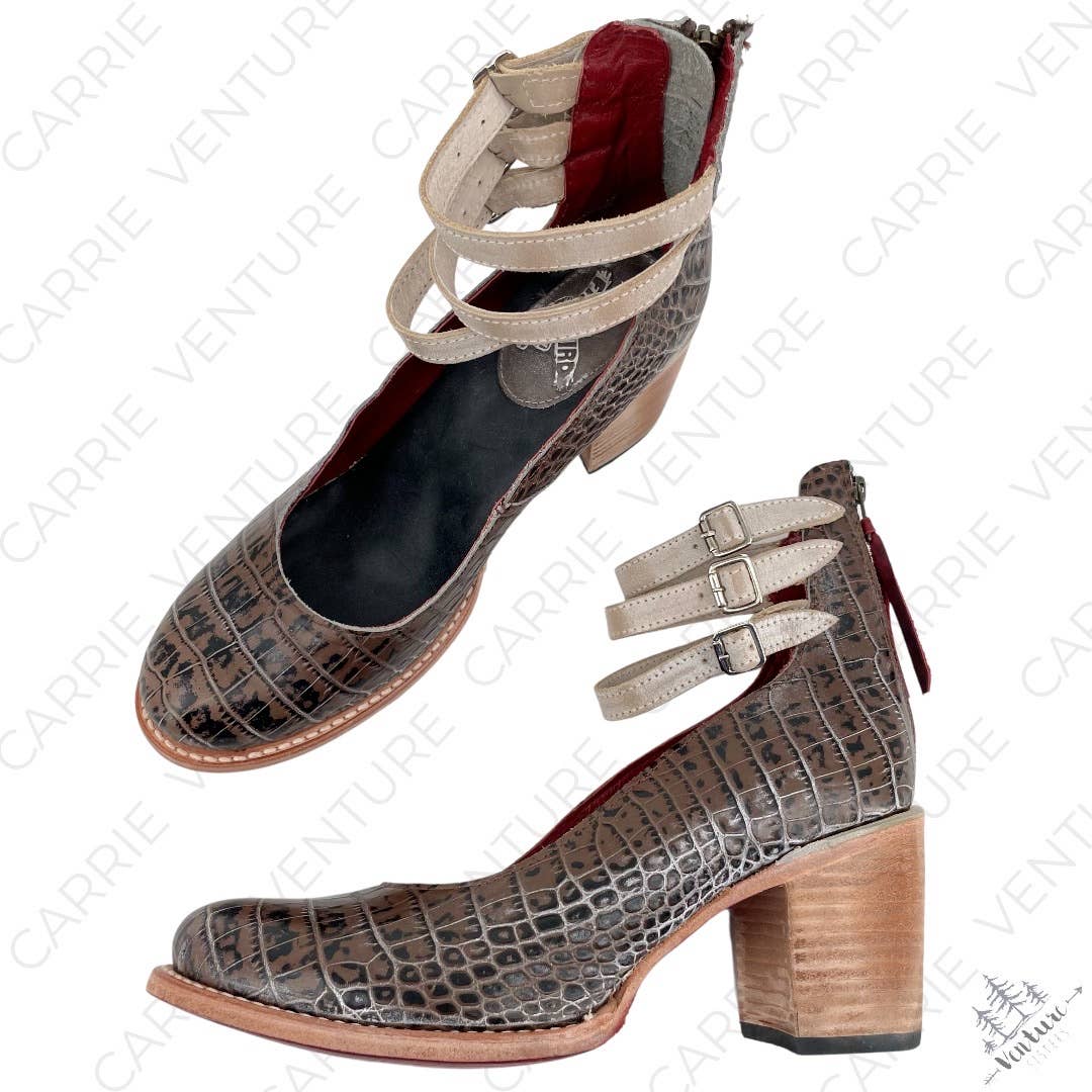 Freebird by Steven Randi Stone Croco Strappy Heels Buckles Chunky Block Heel Size 12