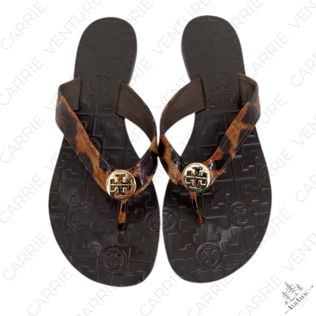 Tory Burch Thora Leopard Patent Brown Summer Thong Sandals Logo Animal Print Size 8