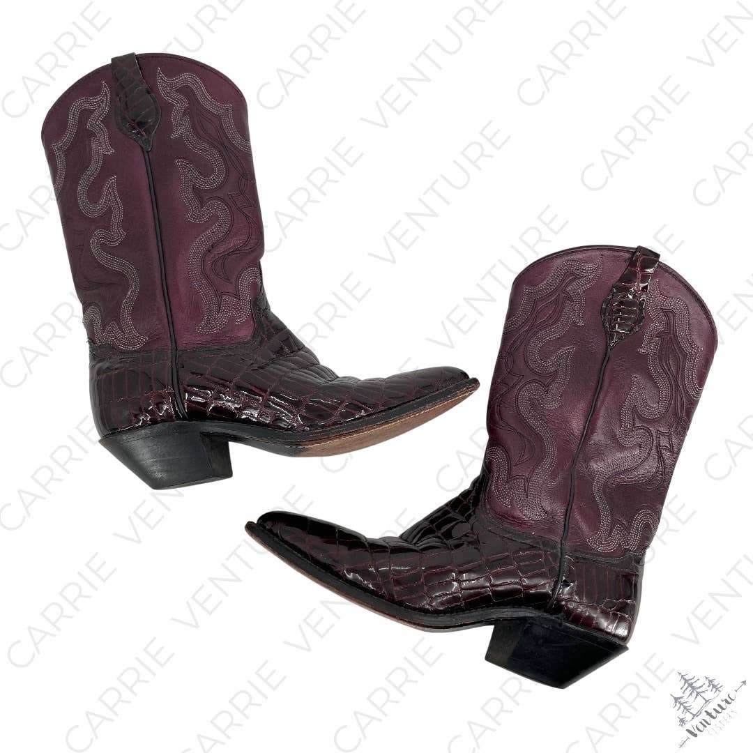Vintage Purple Leather Cowboy Western Boots Croc Pointed Toe Metallic Pearl Size 7