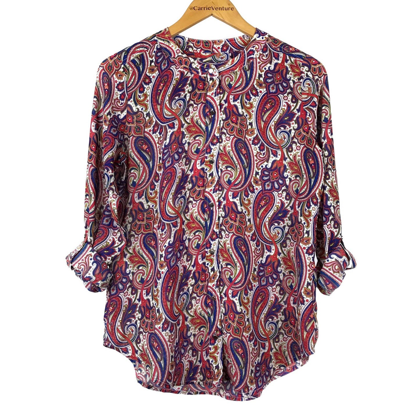 Liz Claiborne Paisley Floral Print Adjustable Roll Sleeve Jewel Tone Blouse Size S