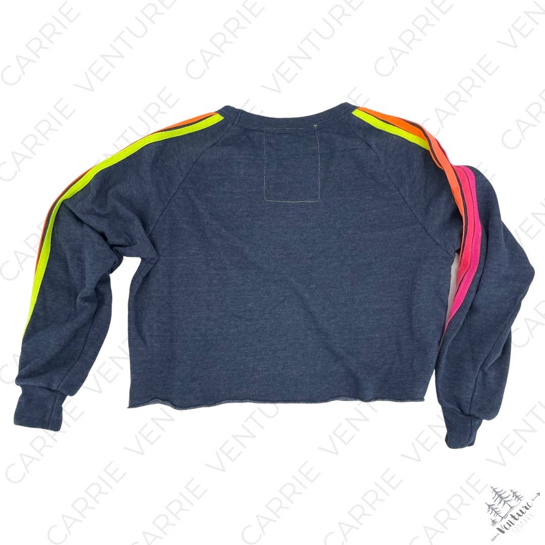 Aviator Nation Heather Navy Bolt Classic Cropped Crew Sweatshirt Neon 5 Stripe Size L
