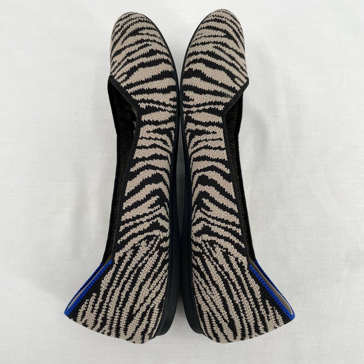 Rothy’s The Flat in Black Zebra Neutral Tapue Tan Printed Sustainable Flats Size 6.5