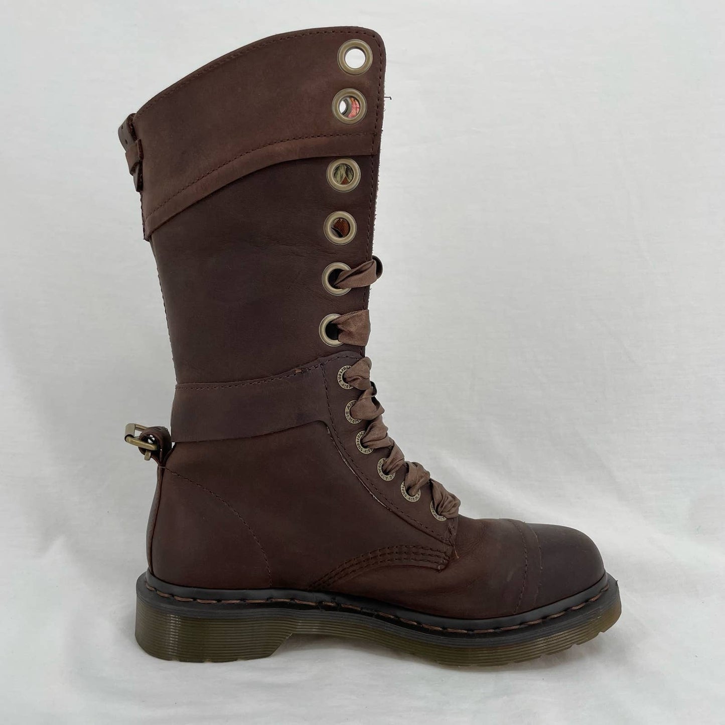 Dr. Martens Triumph Boots Brown Leather Pirate Style Fold Down Floral Lining Size 7