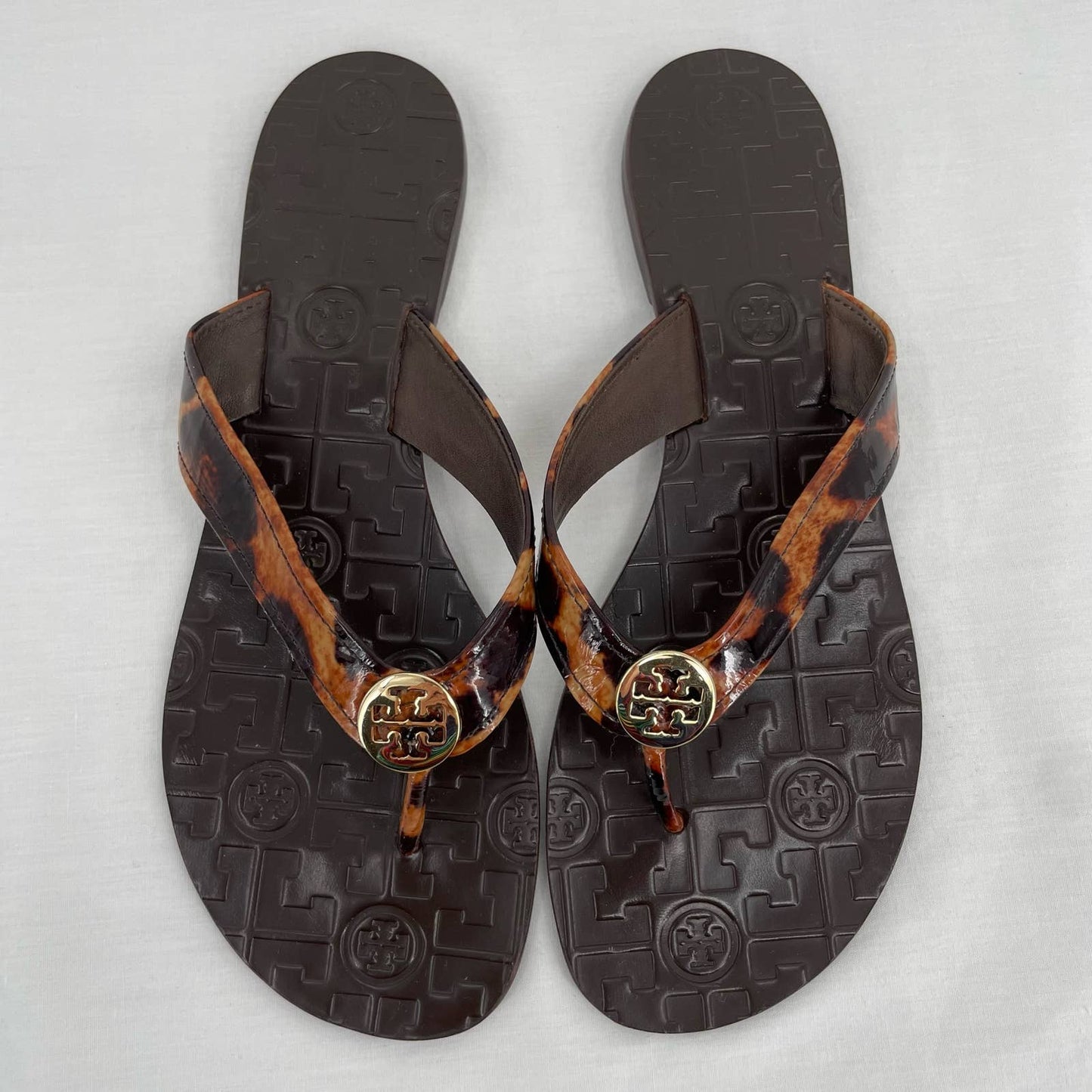 Tory Burch Thora Leopard Patent Brown Summer Thong Sandals Logo Animal Print Size 8