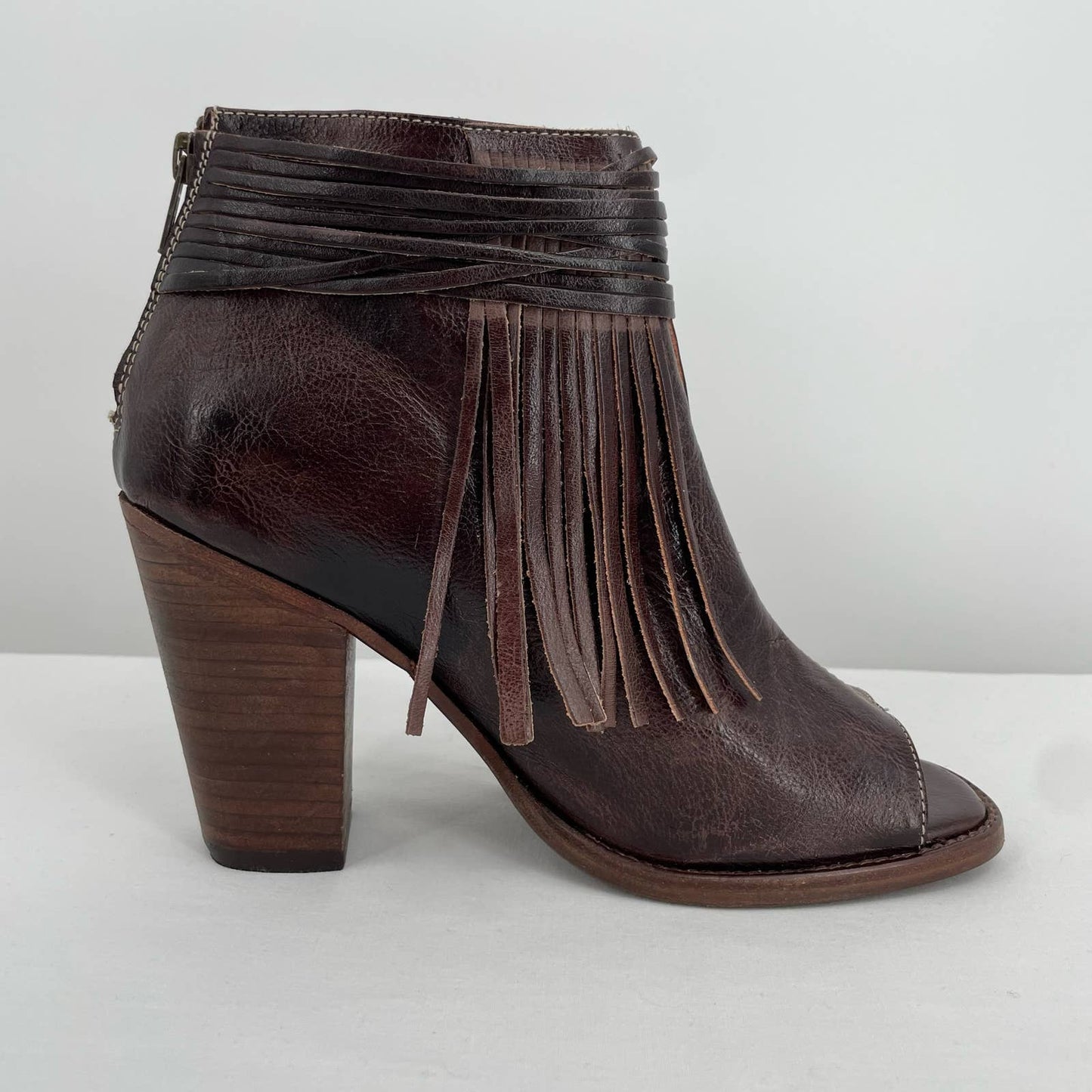BED|STU Olivia Brown Rustic Fringe Peep Toe Ankle Booties Western Boho Size 9.5