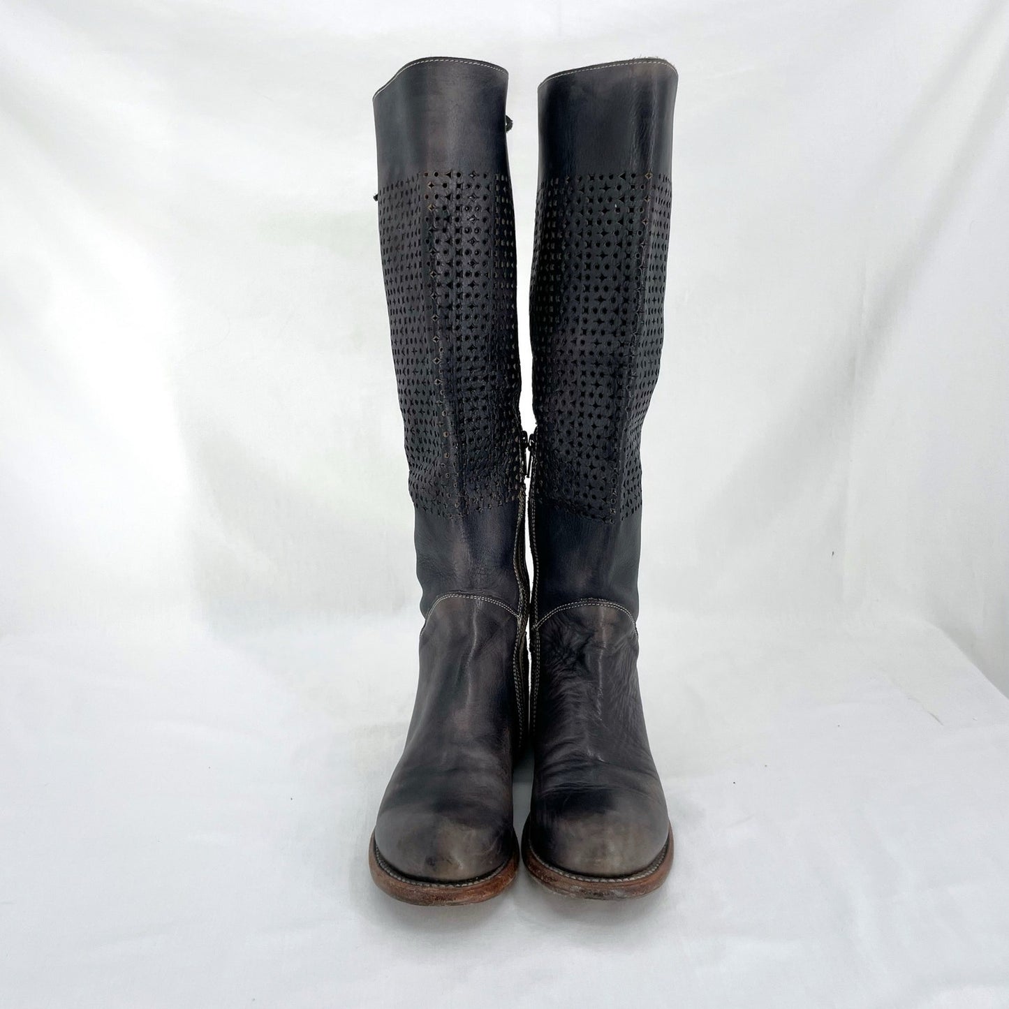Bed|Stu Cambridge Boots Black Gray Cutout Perforated Tall Boho Shoes Size 7.5