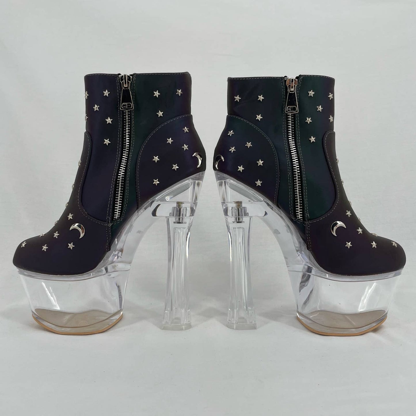 Exotic Cosmic Reflective Heels Celestial Moon Stars Clear Platform Dancer Boots Size 7