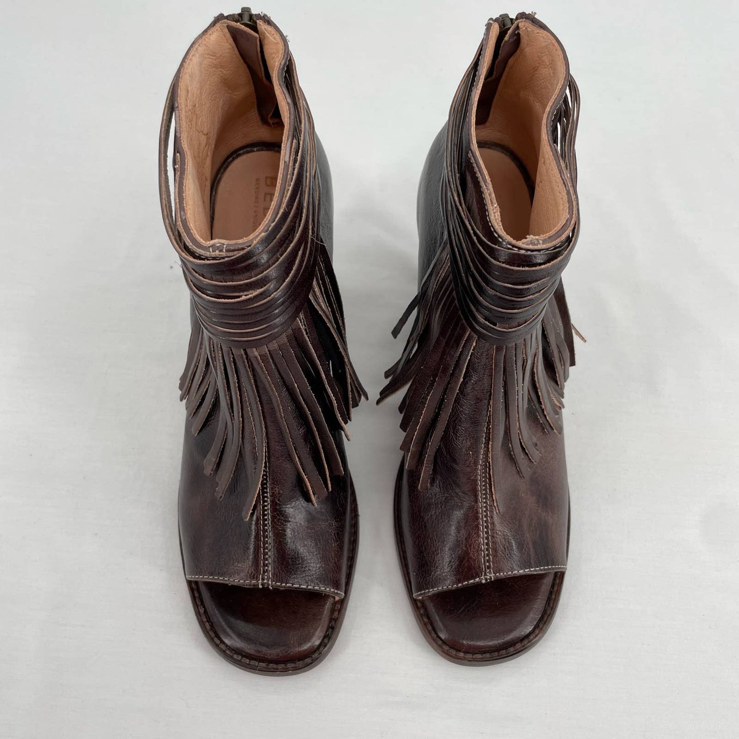 BED|STU Olivia Brown Rustic Fringe Peep Toe Ankle Booties Western Boho Size 9.5