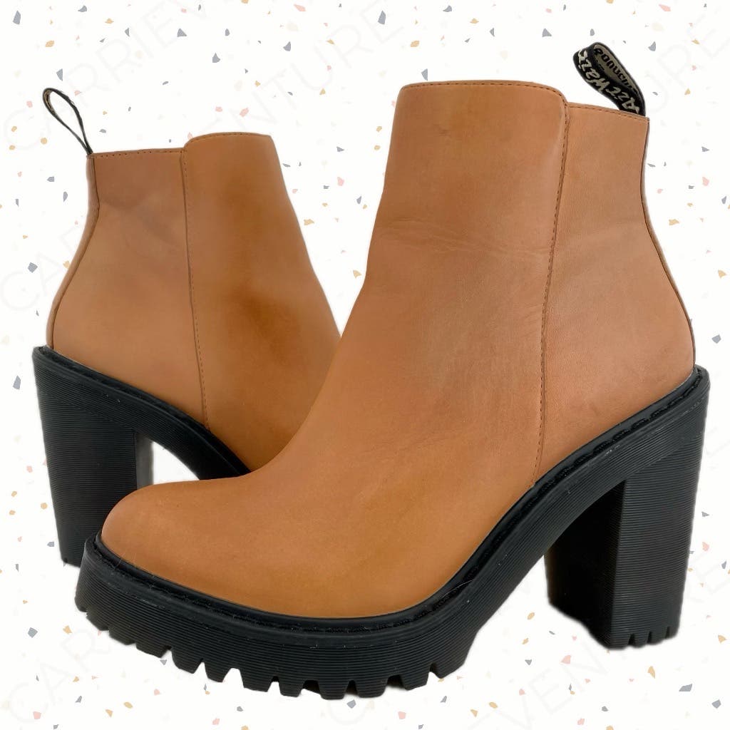 Dr. Martens Magdalena Cognac Leather Heeled Boots Orange Tan Grunge Indie Size 9