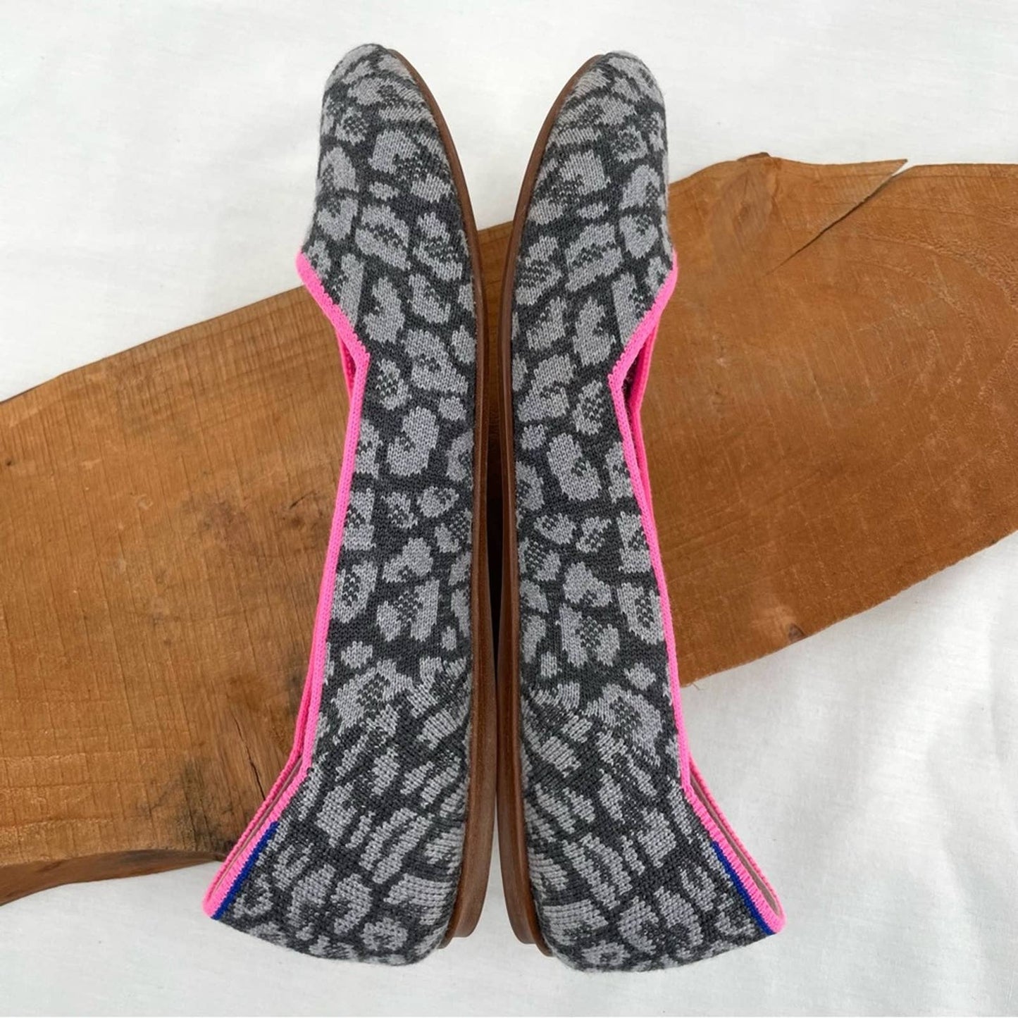 Rothy’s Merino Wool Haze Spot Grey Leopard Print Hot Pink Trim Round Toe Flats Size 9