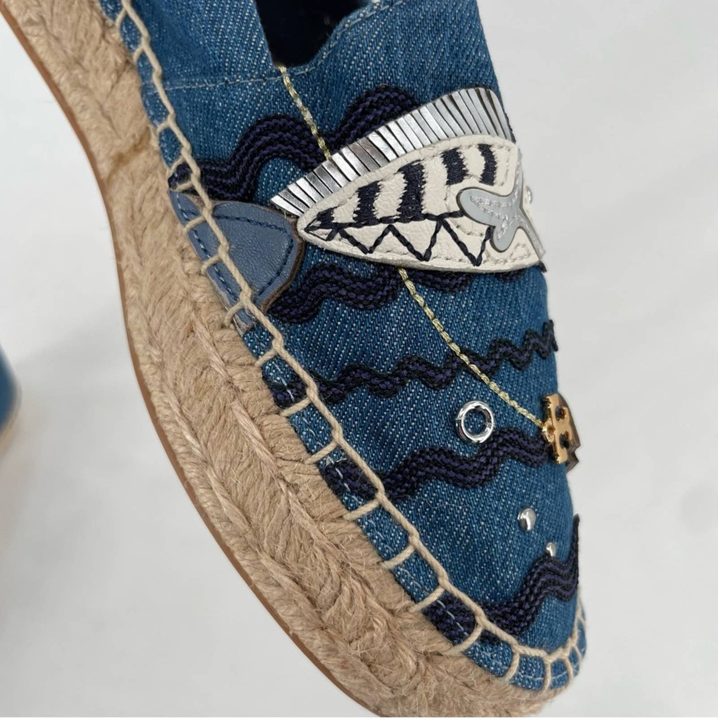 Tory Burch Seaside Espadrille Denim Chambray Nautical Fishing Sailing Boat Shoes Size 7