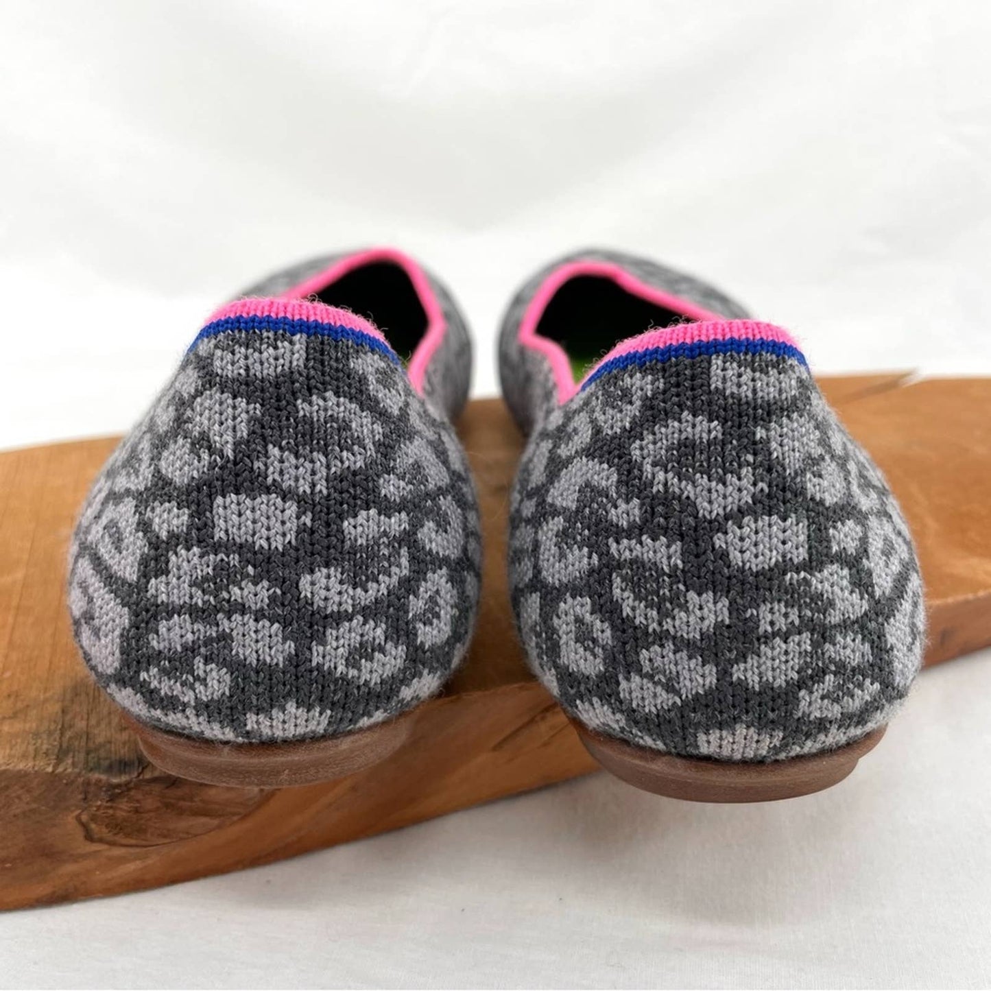 Rothy’s Merino Wool Haze Spot Grey Leopard Print Hot Pink Trim Round Toe Flats Size 9