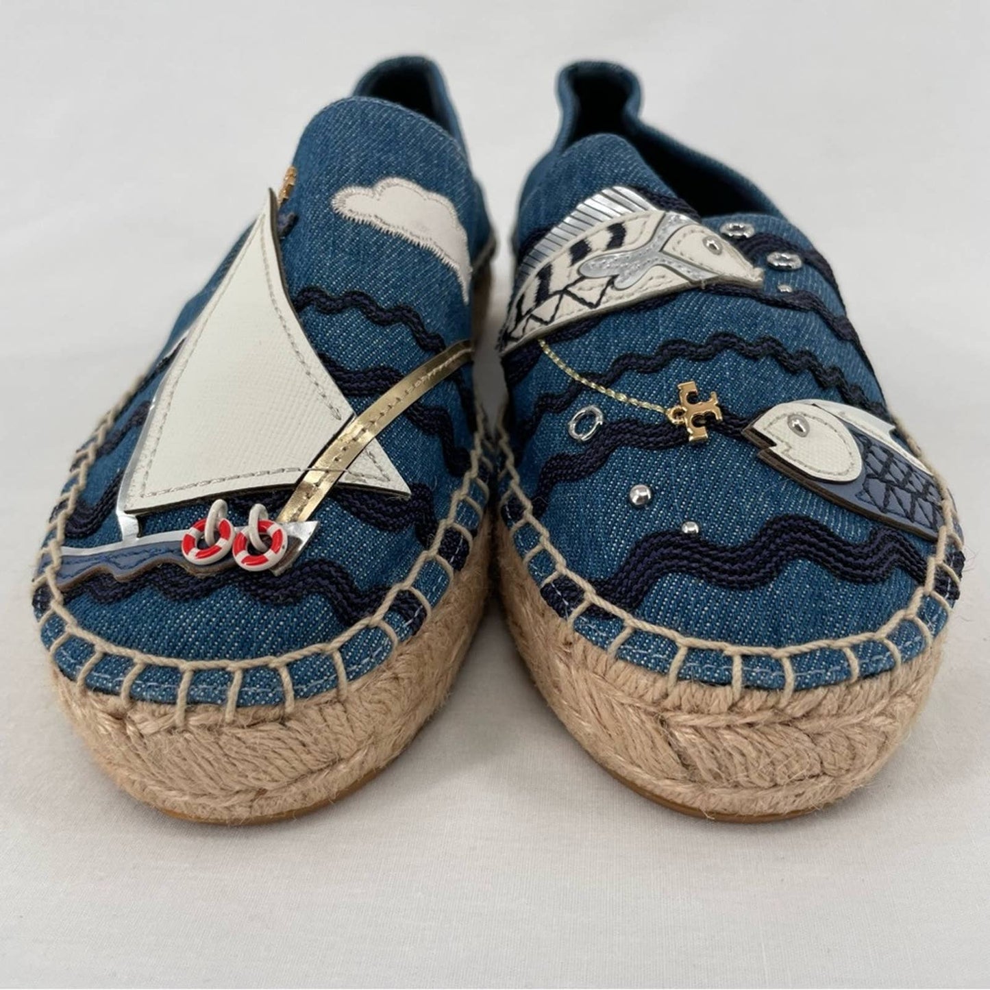 Tory Burch Seaside Espadrille Denim Chambray Nautical Fishing Sailing Boat Shoes Size 7
