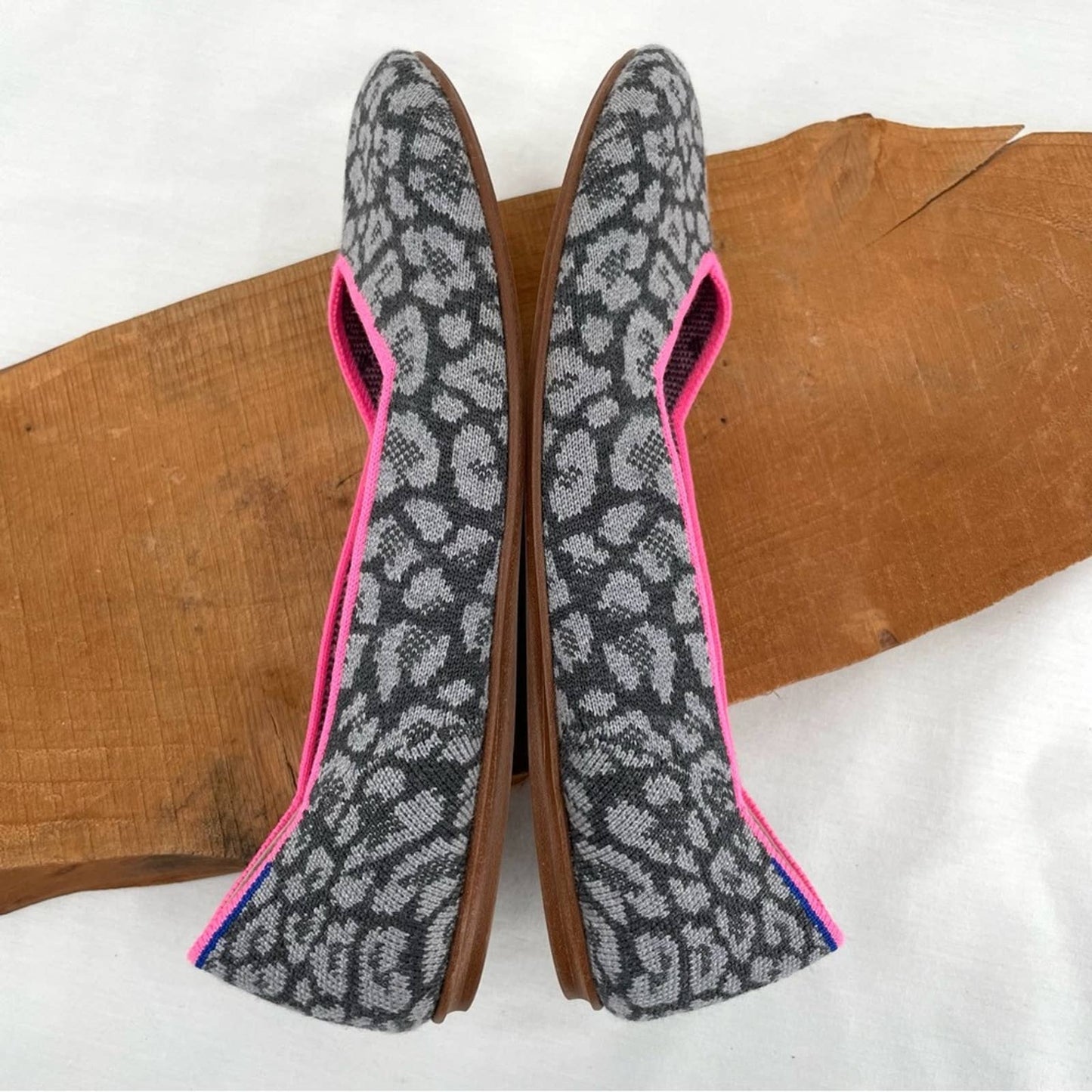 Rothy’s Merino Wool Haze Spot Grey Leopard Print Hot Pink Trim Round Toe Flats Size 9