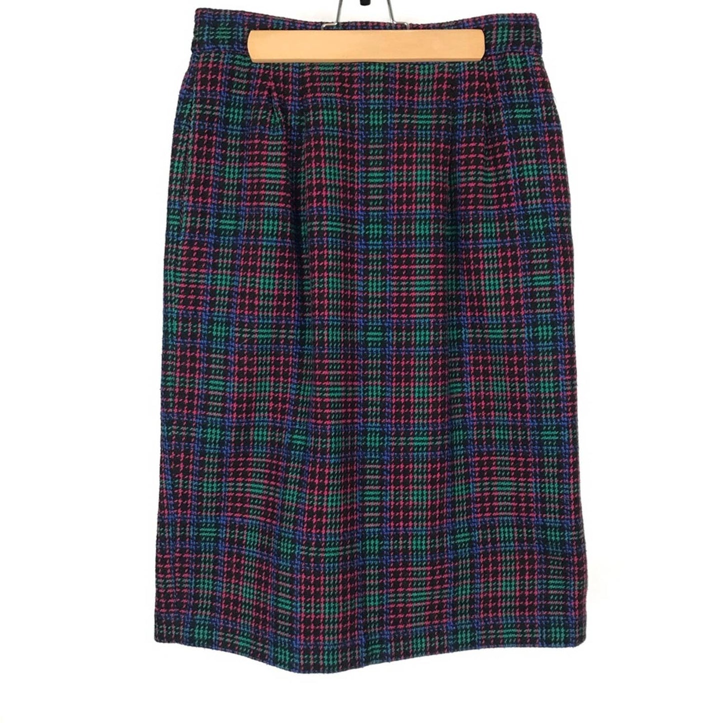 Vintage Joan Leslie Tweed Skirt Wool Blend Pink Green Blue Plaid Retro Skirt Size 6P