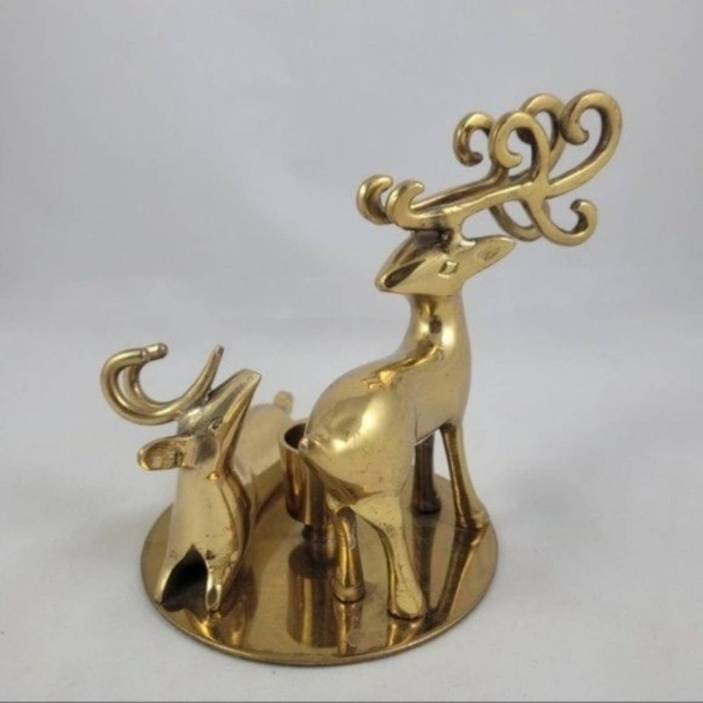 Vintage Brass Reindeer Pair Buck Doe Holiday Christmas Festive Candle Holder