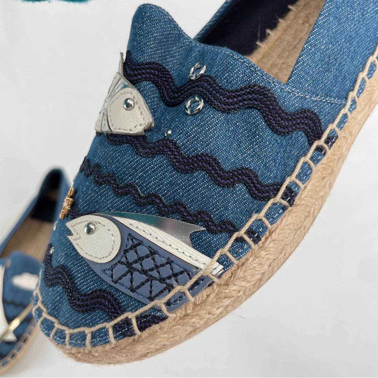 Tory Burch Seaside Espadrille Denim Chambray Nautical Fishing Sailing Boat Shoes Size 7