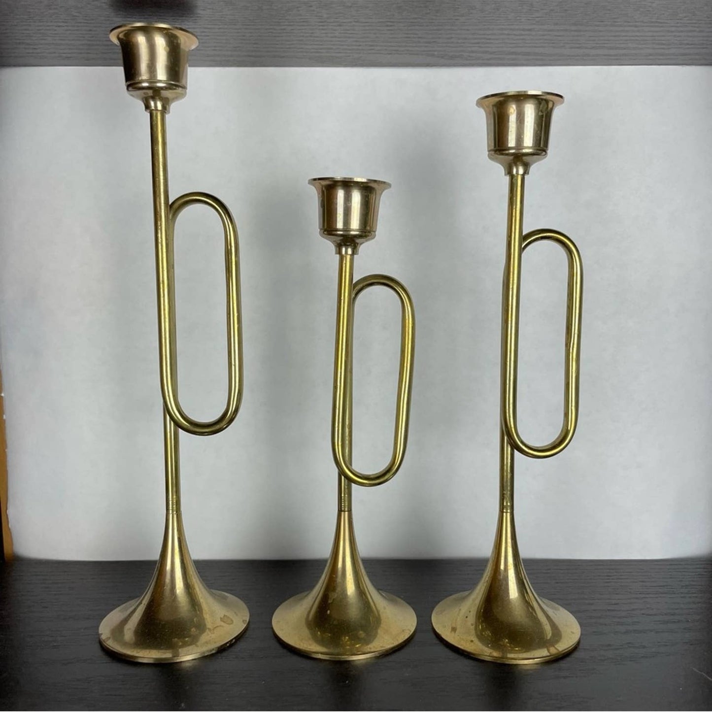 Vintage Brass Trumpet Horn Candle Holders Trio Christmas Holiday Winter Decor