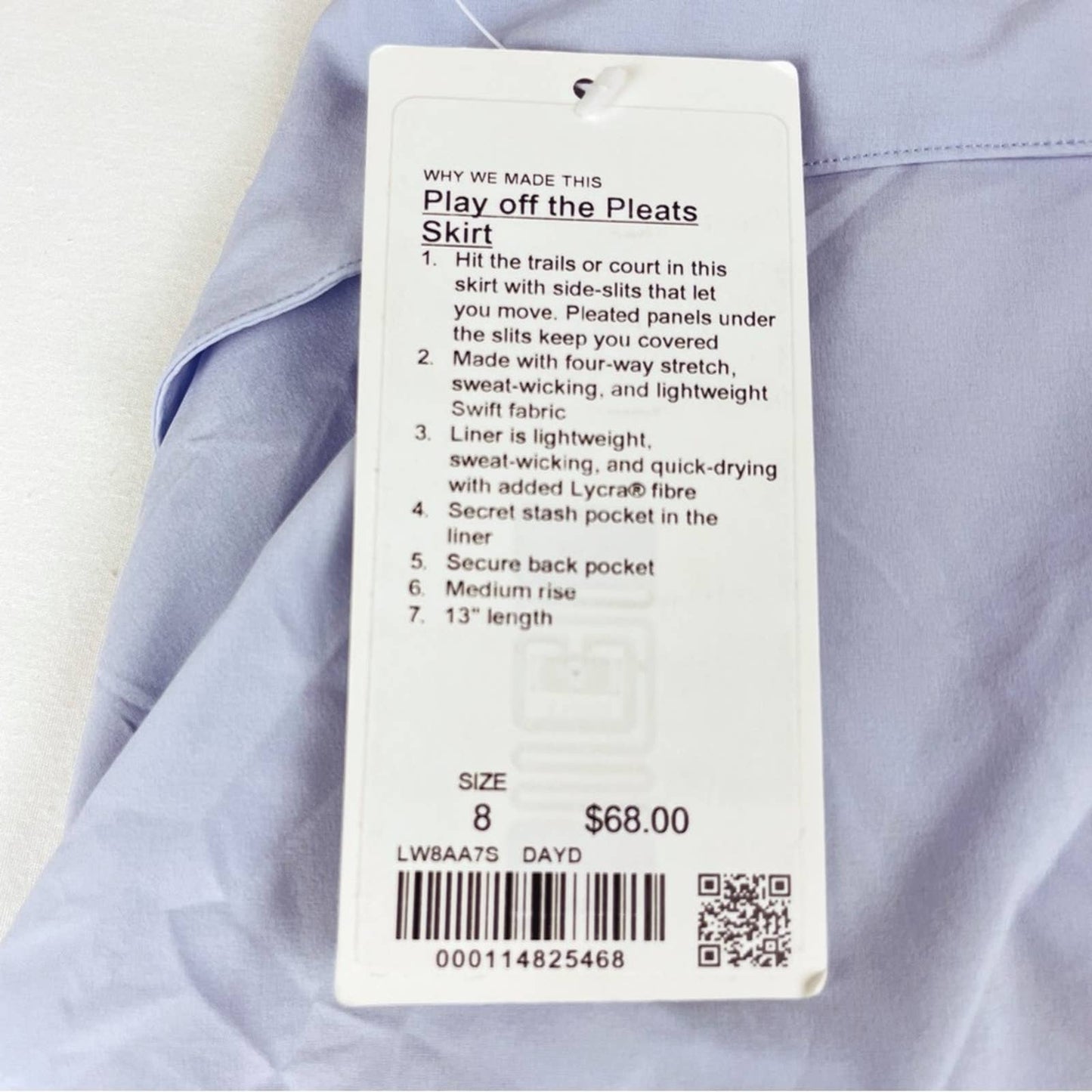 NWT Lululemon Play Off The Pleats Daydream Light Lilac Blue Skirt Skort Pleats Size 8