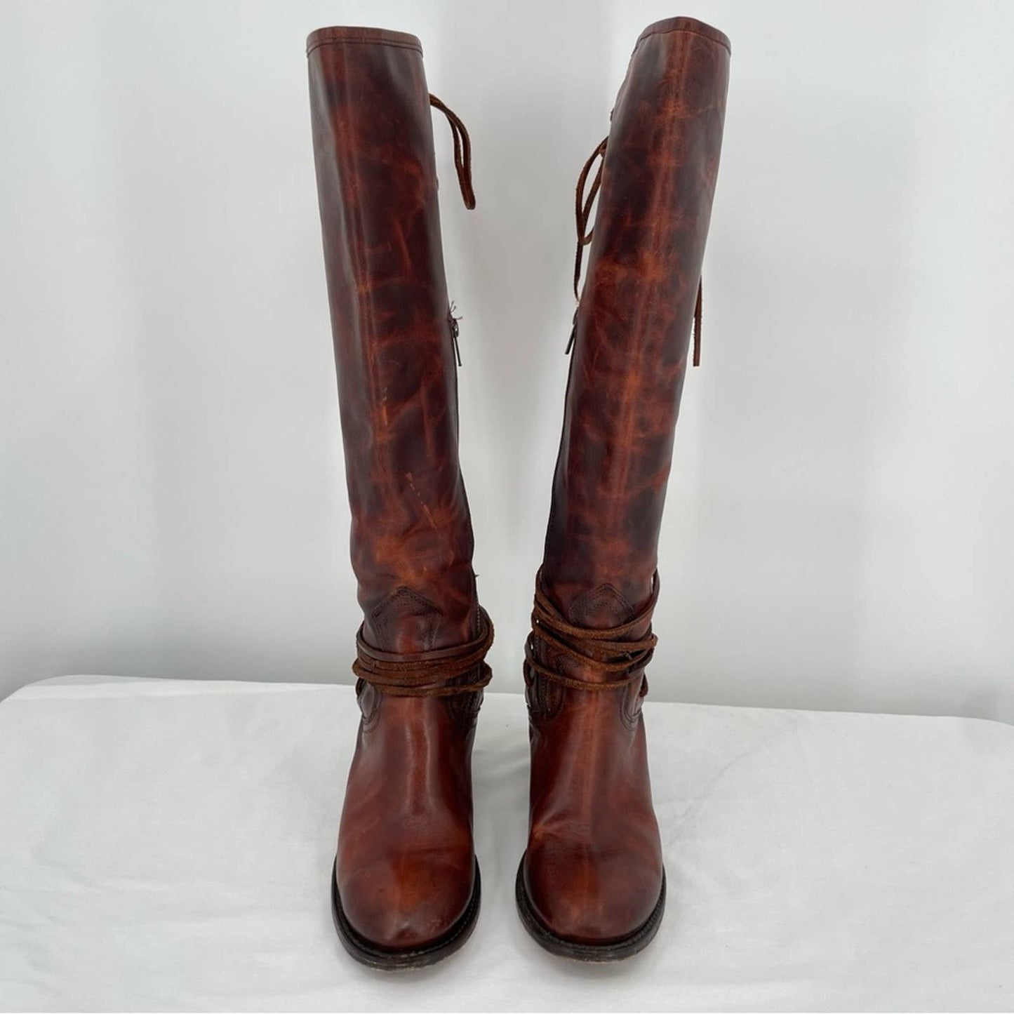 Freebird by Steven Coal Cognac Brown Red Lace Back Tall Heeled Leather Boots Size 9