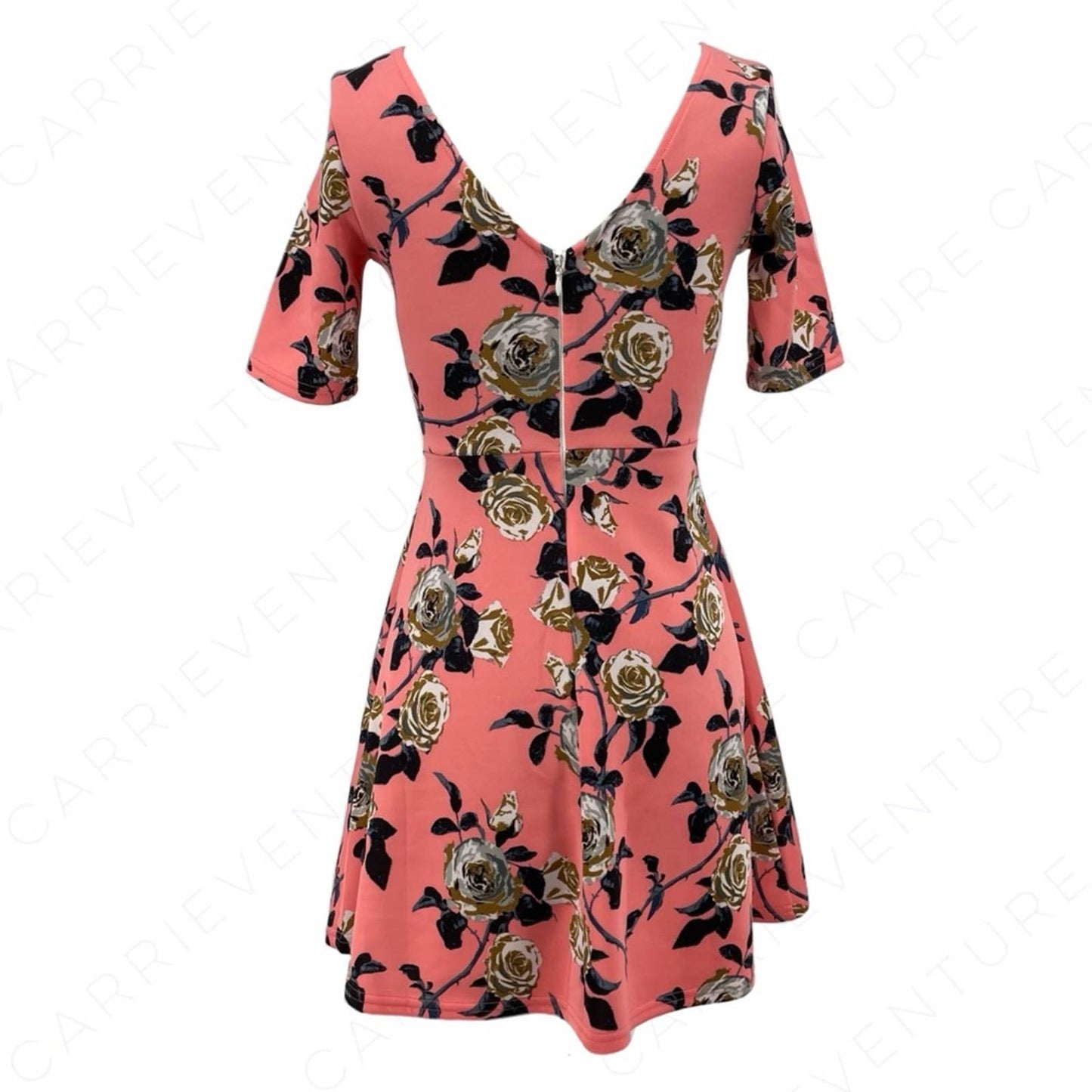 Forever 21 Coral Pink Roses Floral Gray Print Tea Party Garden Shower Dress Size S