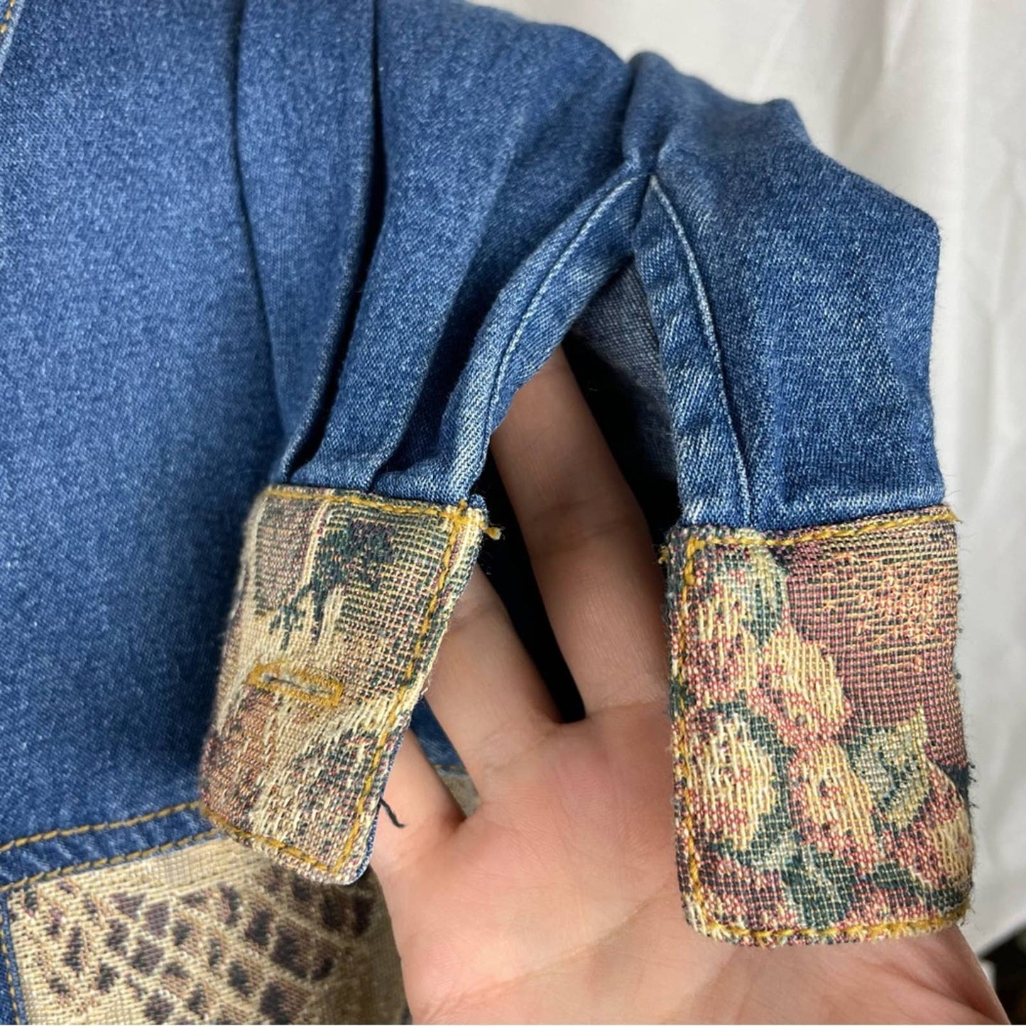 Vintage Erin London Tapestry Garden Floral Chambray Denim Button Shacket Jacket Size L