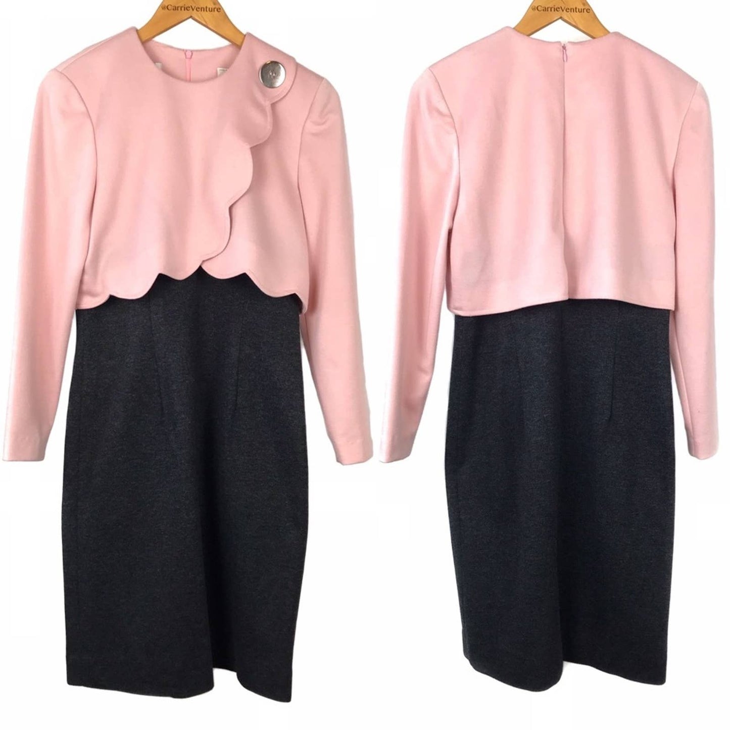 Vintage Leslie Fay Dress Cocktail Pink Charcoal Gray Scalloped Old Money Elegant Size 8P