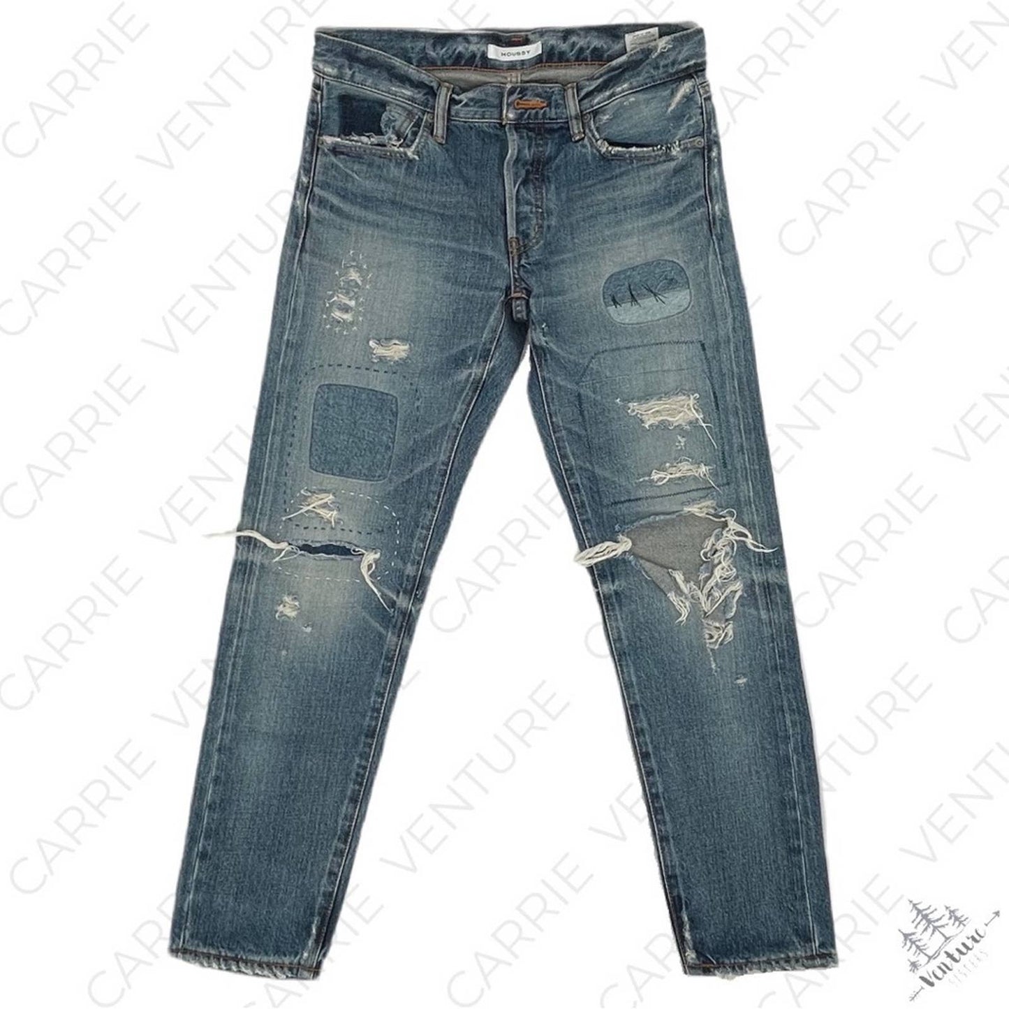 Moussy Premium Distressed Embroidered Patch Blue Jeans 27 Style 0108AC11-5960-1 Size 27