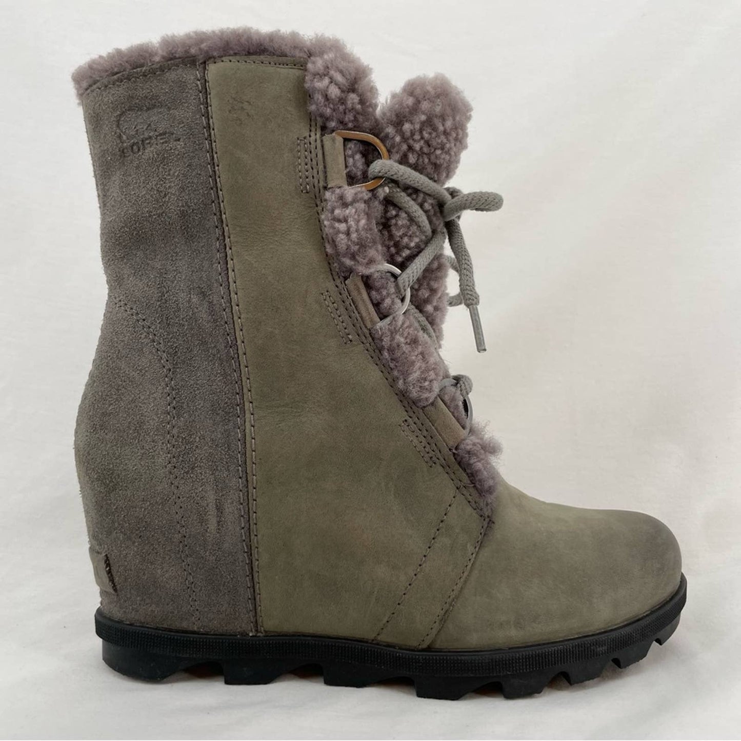 Sorel Joan of Arctic Wedge II Shearling Leather Boots Quarry Grey Greige Size 9.5