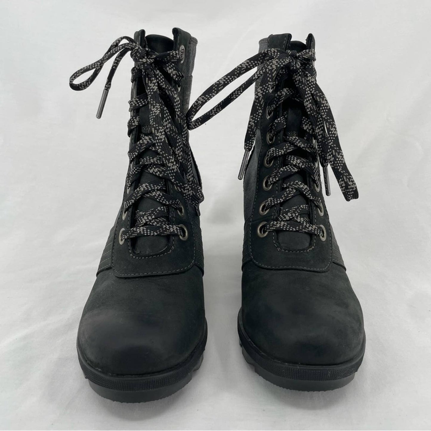 Sorel Womens Lexie Wedge Boot Black Leather Waterproof Canvas Winter Booties Size 8.5
