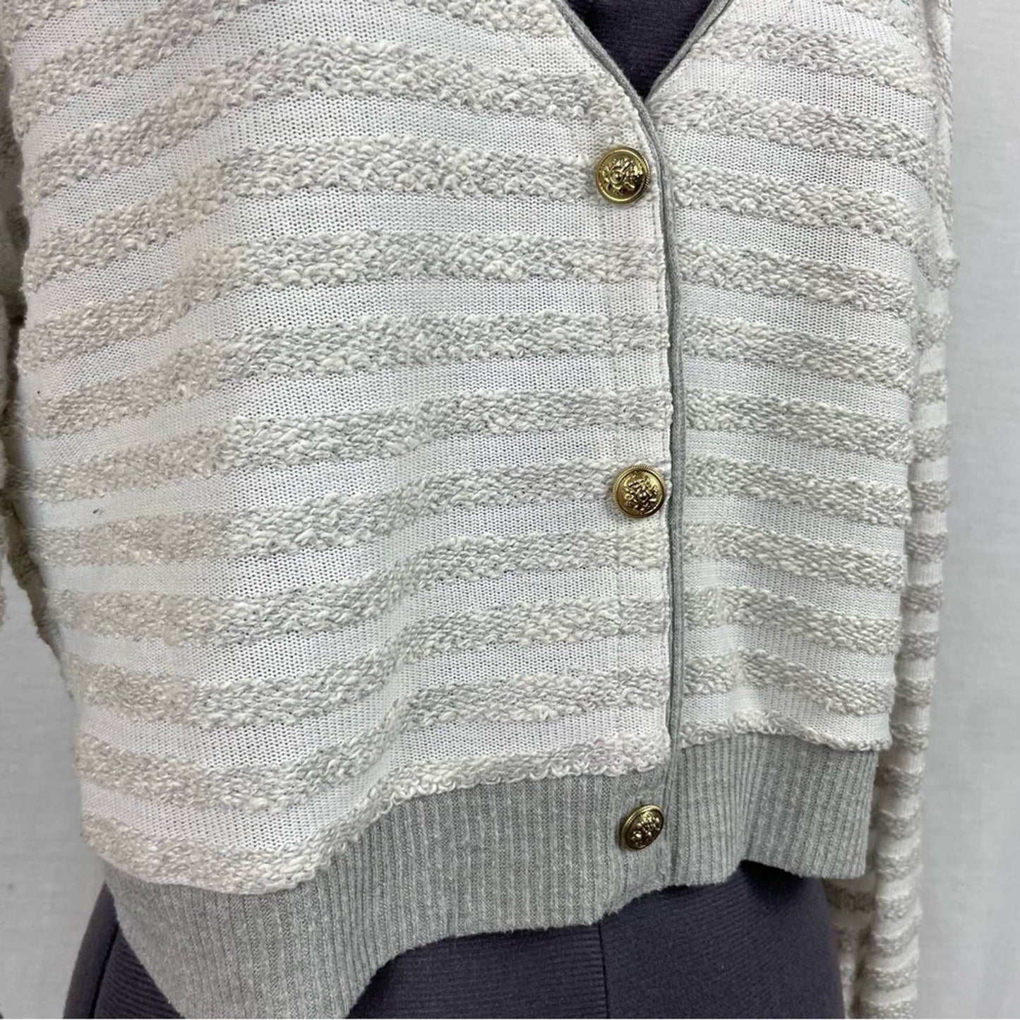Maison Jules Sweater Gray Striped Cropped Knit Cardigan Coastal Academia Preppy Size S